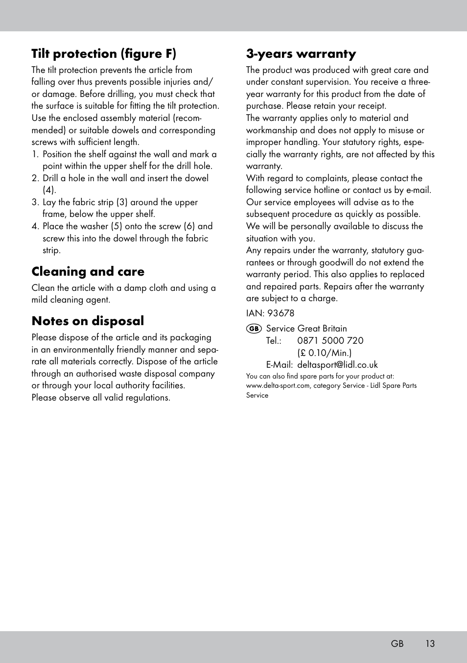 Years warranty, Tilt protection (figure f), Cleaning and care | Florabest GR-1809 User Manual | Page 13 / 16