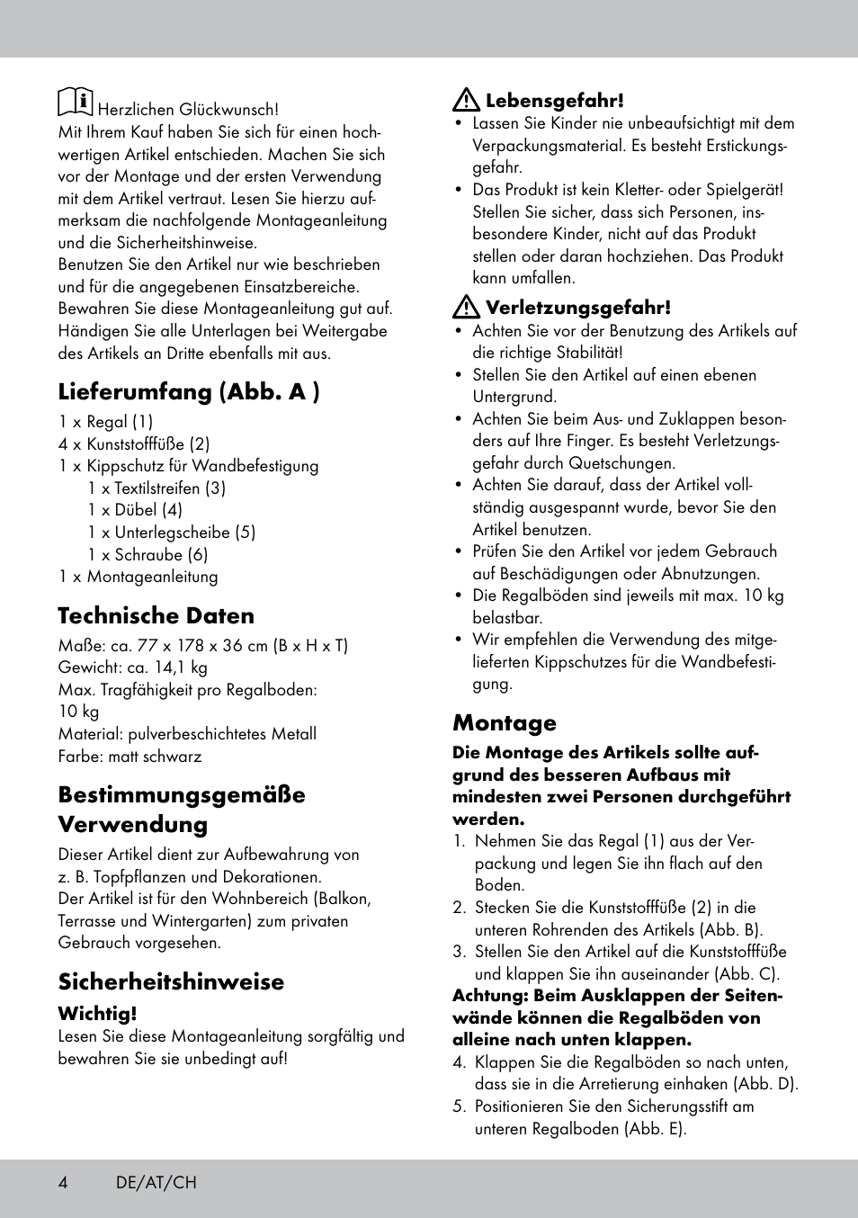 Lieferumfang (abb. a ), Technische daten, Bestimmungsgemäße verwendung | Sicherheitshinweise, Montage | Florabest GR-1809 User Manual | Page 4 / 16