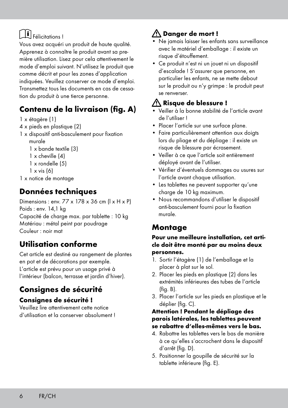 Contenu de la livraison (fig. a), Données techniques, Utilisation conforme | Consignes de sécurité, Montage | Florabest GR-1809 User Manual | Page 6 / 16