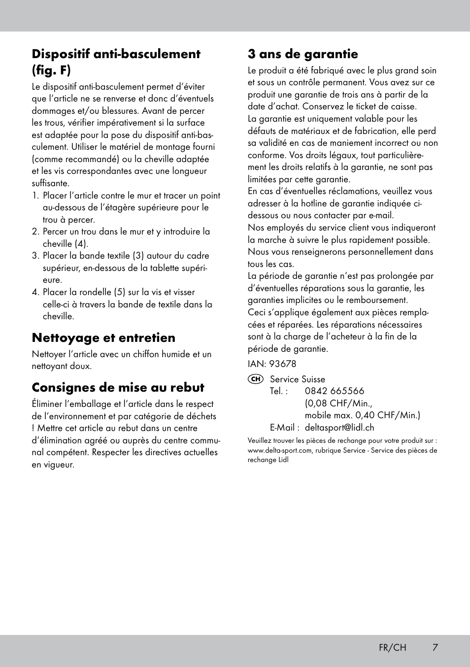3 ans de garantie, Dispositif anti-basculement (fig. f), Nettoyage et entretien | Consignes de mise au rebut | Florabest GR-1809 User Manual | Page 7 / 16