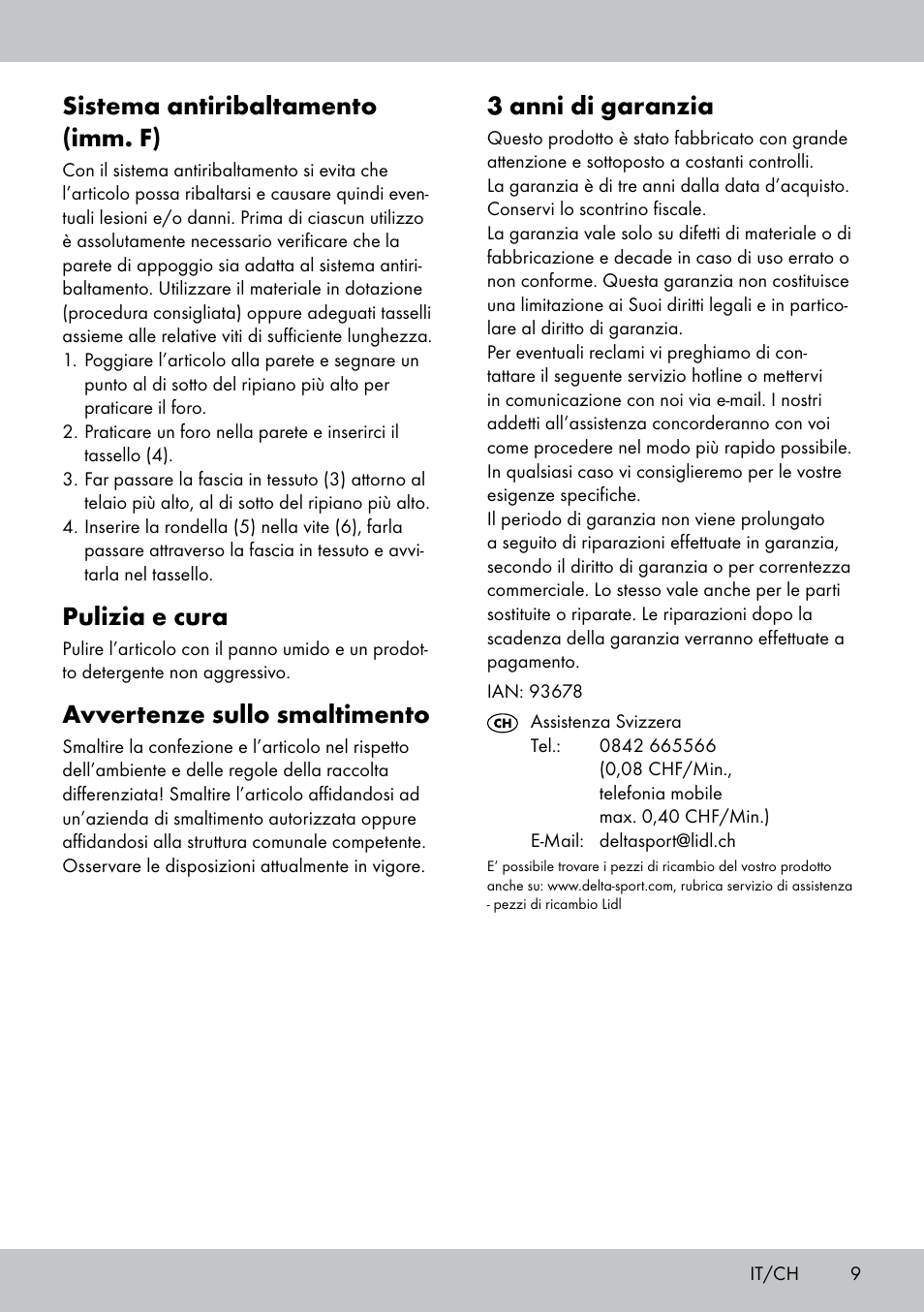 3 anni di garanzia, Sistema antiribaltamento (imm. f), Pulizia e cura | Avvertenze sullo smaltimento | Florabest GR-1809 User Manual | Page 9 / 16