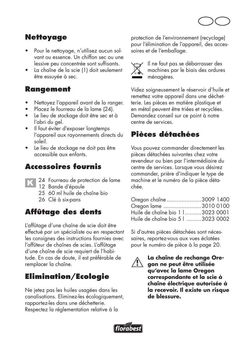 Nettoyage, Rangement, Accessoires fournis | Affûtage des dents, Elimination/ecologie, Pièces détachées, Fr be | Florabest FHE 550 B2 User Manual | Page 19 / 84