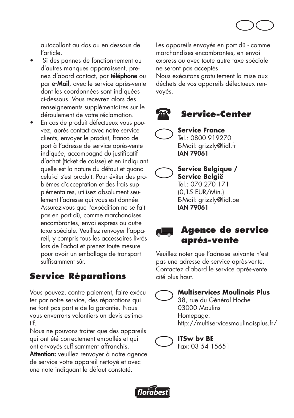 Service réparations, Service-center, Agence de service après-vente | Fr be, Fr be be | Florabest FHE 550 B2 User Manual | Page 23 / 84