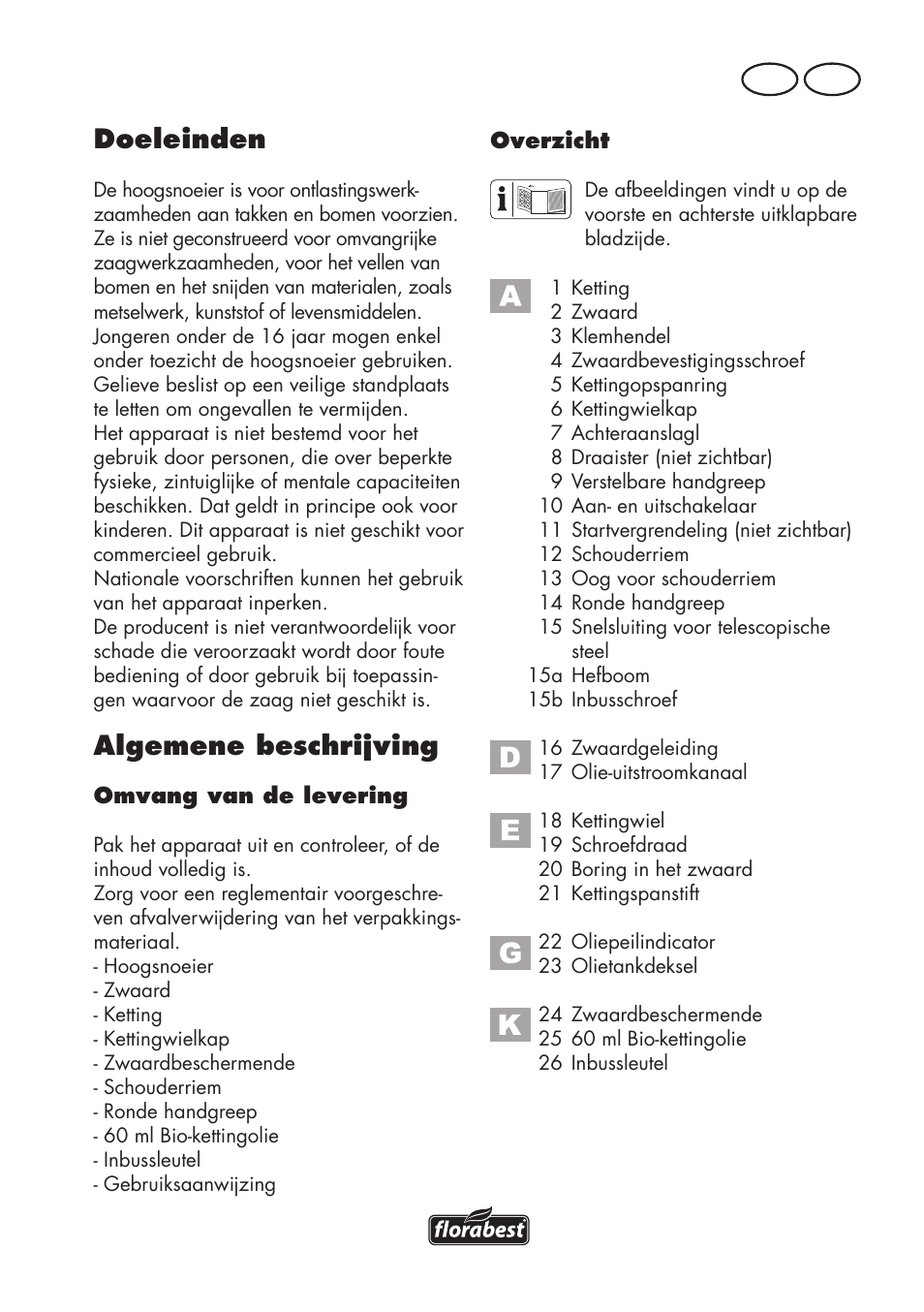 Doeleinden, Algemene beschrijving, Be nl | Florabest FHE 550 B2 User Manual | Page 25 / 84