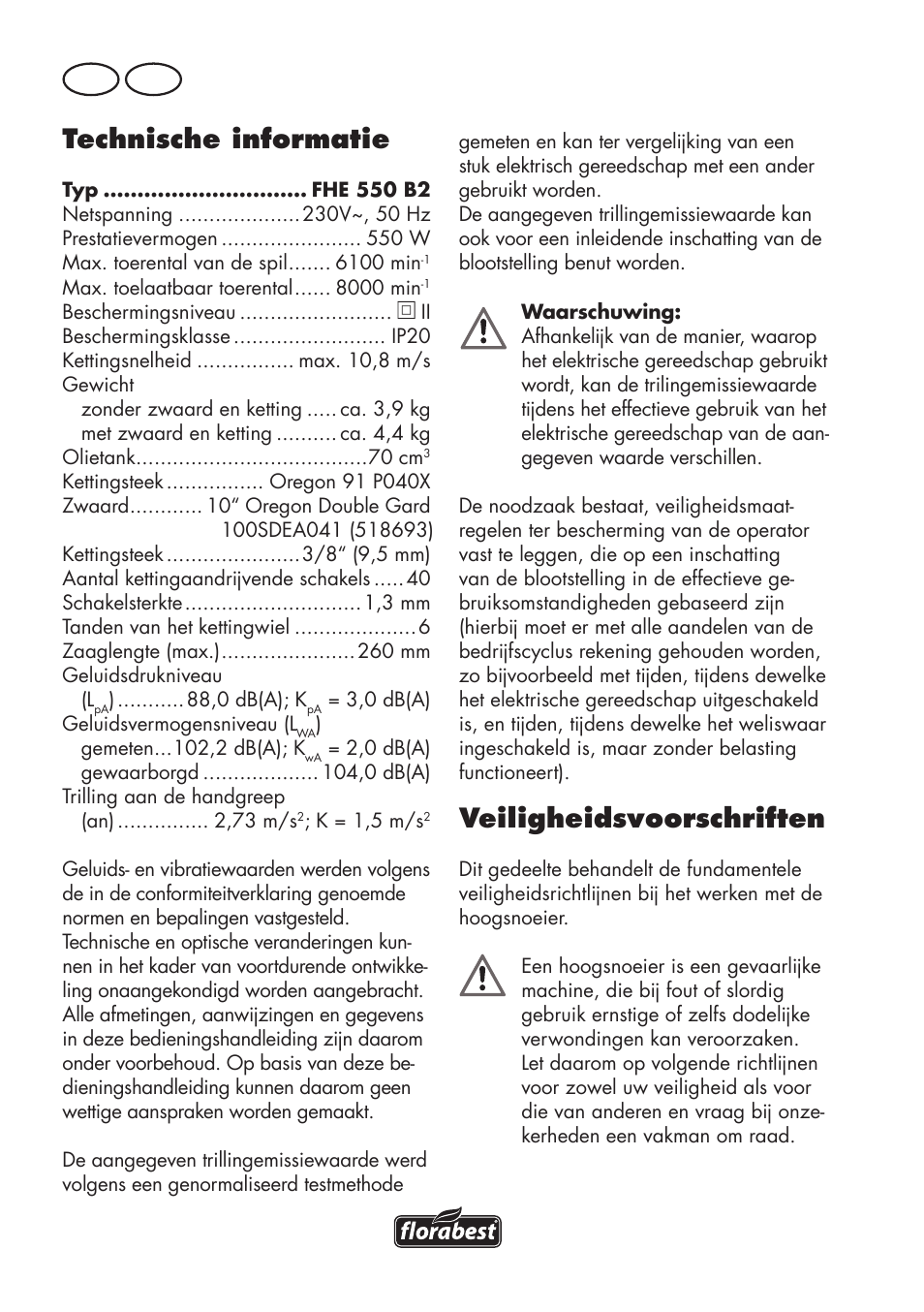 Technische informatie, Veiligheidsvoorschriften, Nl be | Florabest FHE 550 B2 User Manual | Page 26 / 84