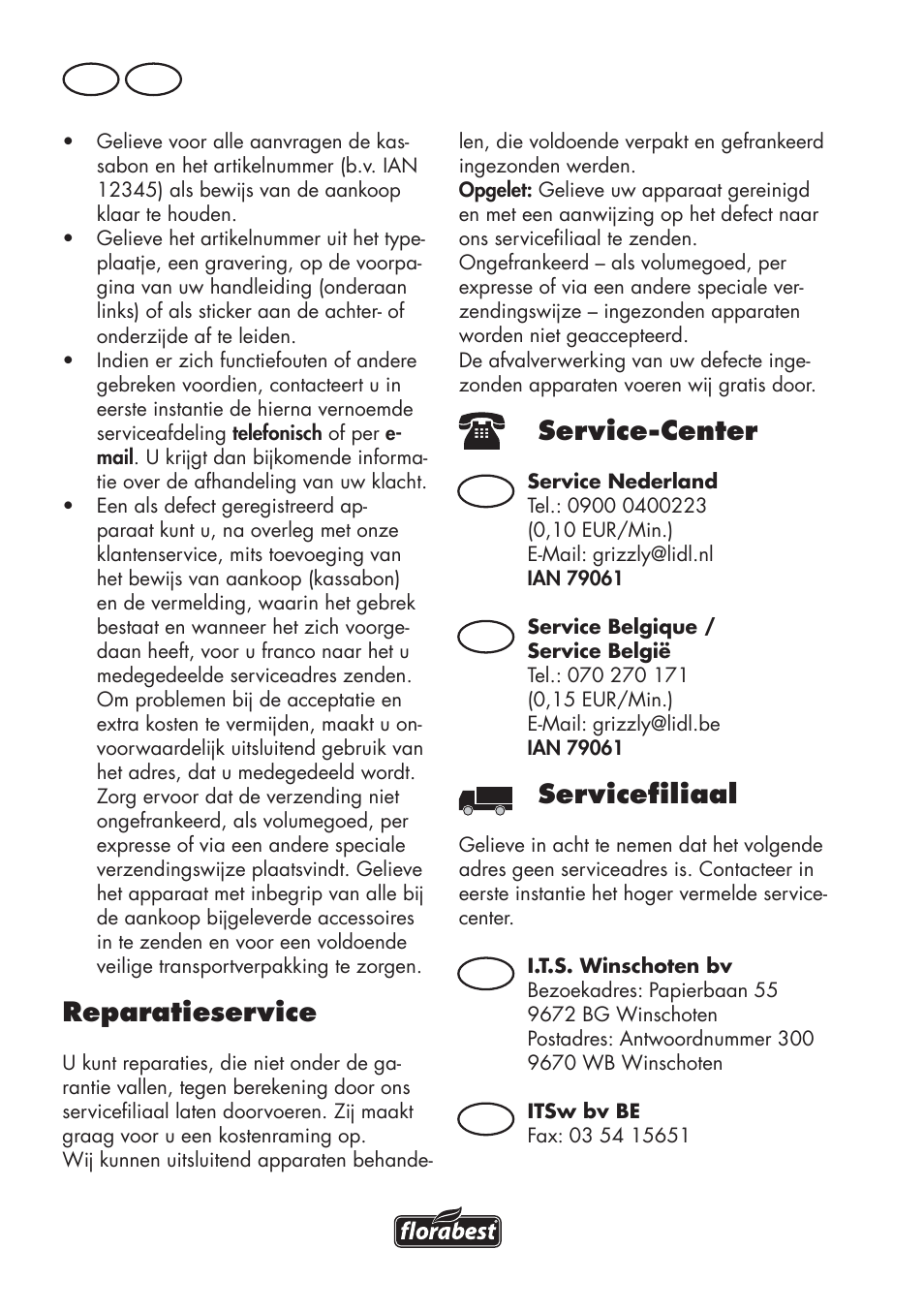 Reparatieservice, Service-center, Servicefiliaal | Nl be, Nl be nl be | Florabest FHE 550 B2 User Manual | Page 42 / 84