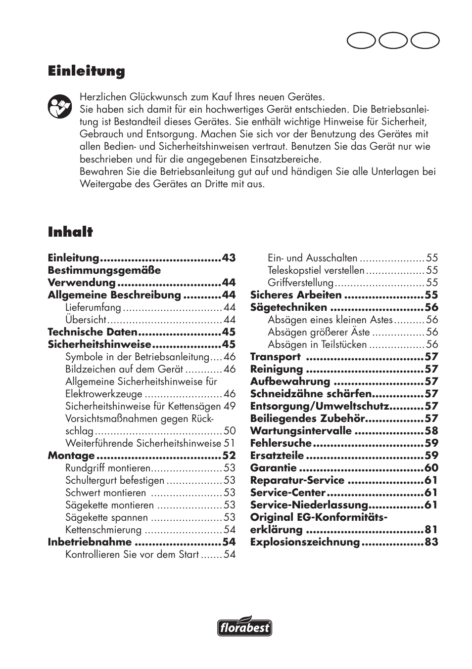 Inhalt, Einleitung, De at ch | Florabest FHE 550 B2 User Manual | Page 43 / 84