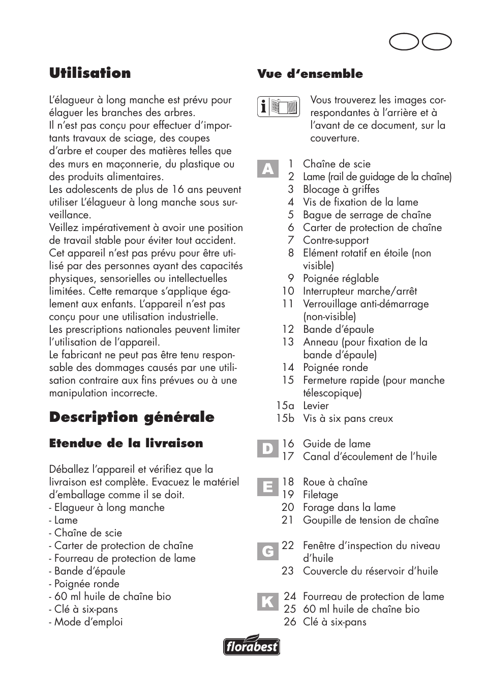 Utilisation, Description générale, Fr be | Florabest FHE 550 B2 User Manual | Page 5 / 84