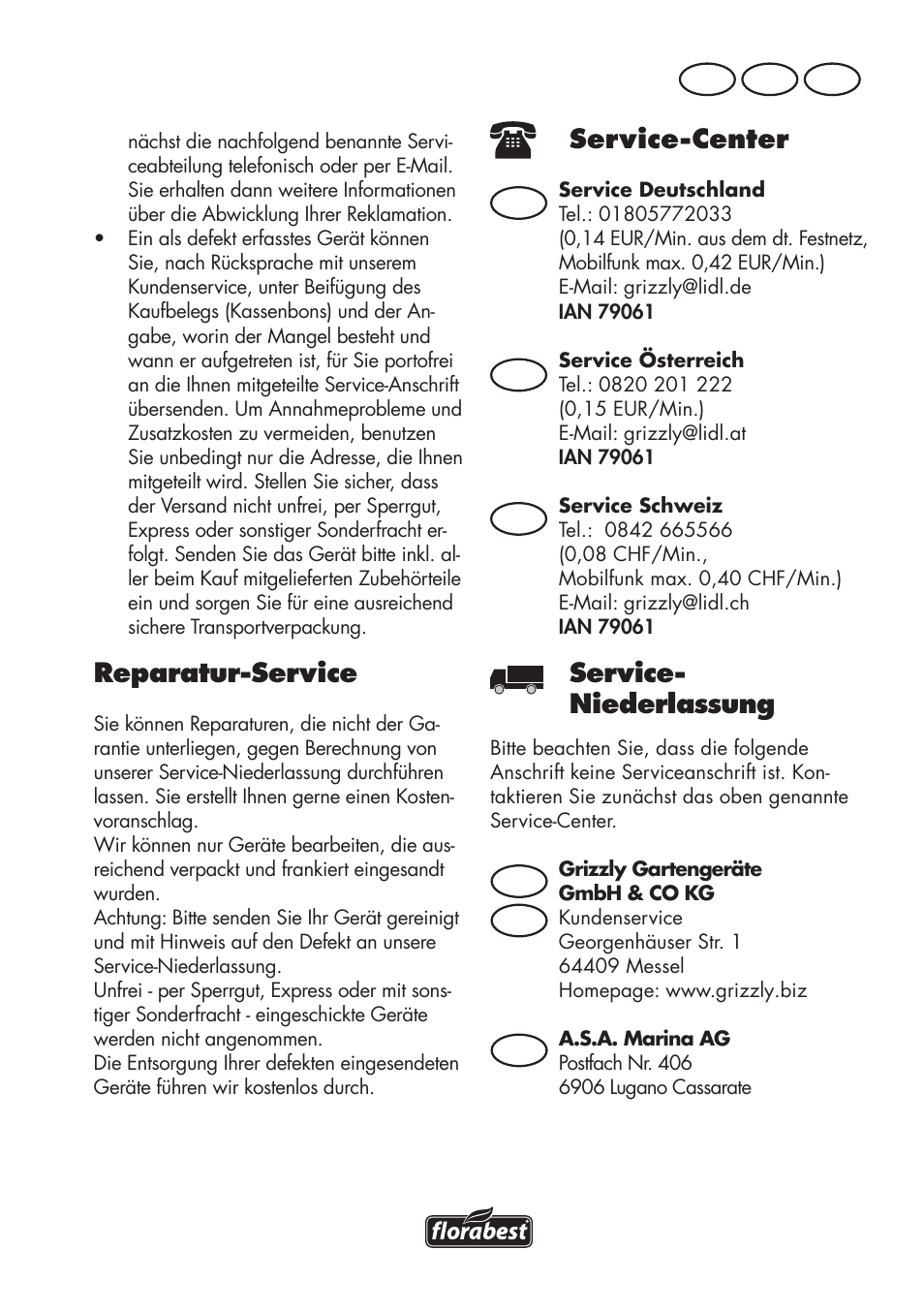 Service-center, Service- niederlassung, Reparatur-service | De at ch, De at at ch ch | Florabest FHE 550 B2 User Manual | Page 61 / 84
