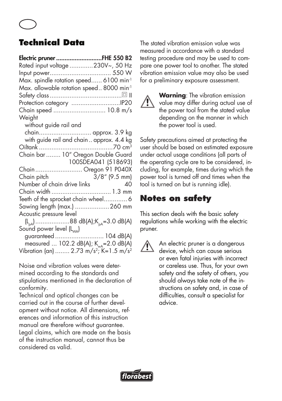 Technical data | Florabest FHE 550 B2 User Manual | Page 64 / 84