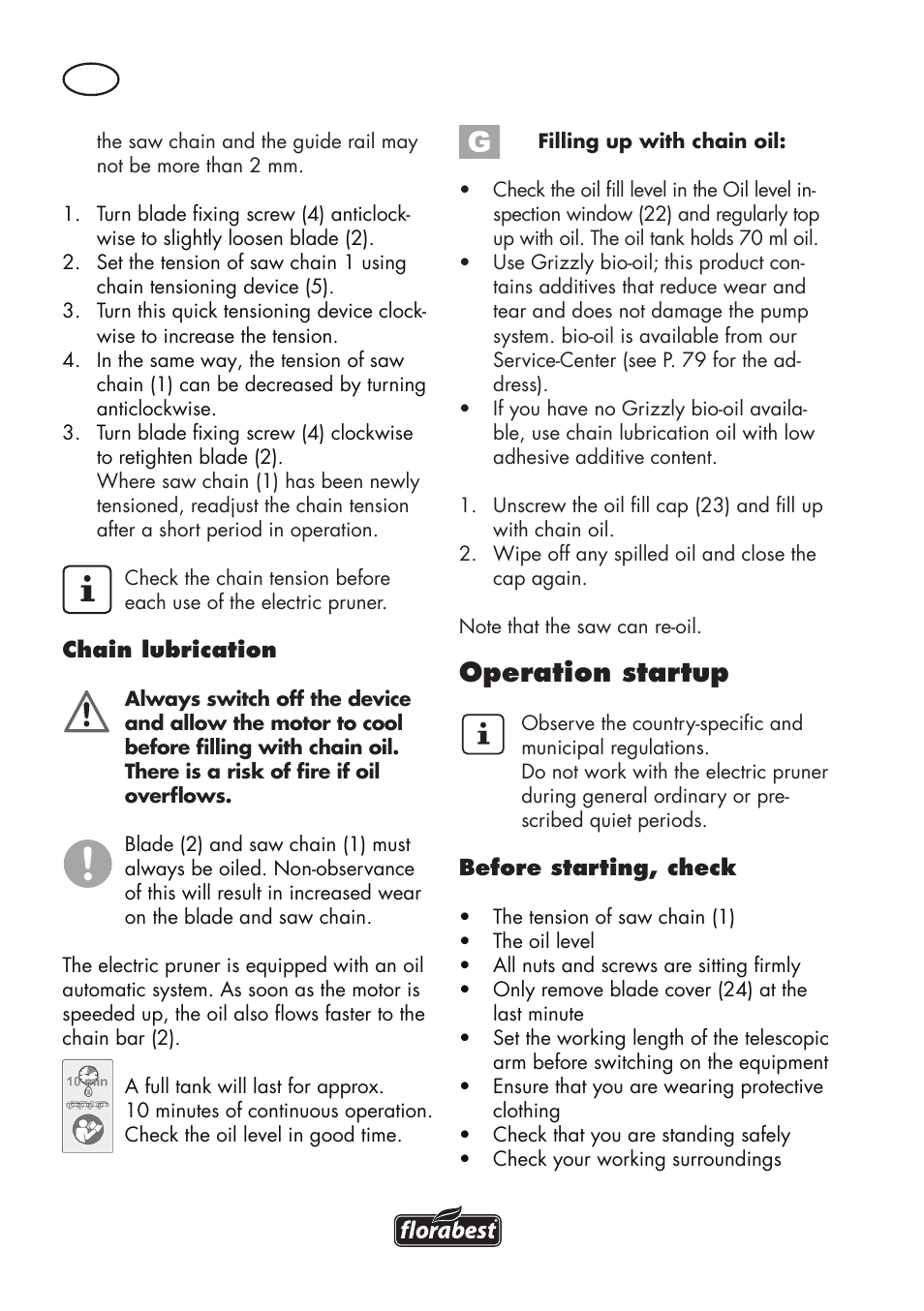 Operation startup | Florabest FHE 550 B2 User Manual | Page 72 / 84
