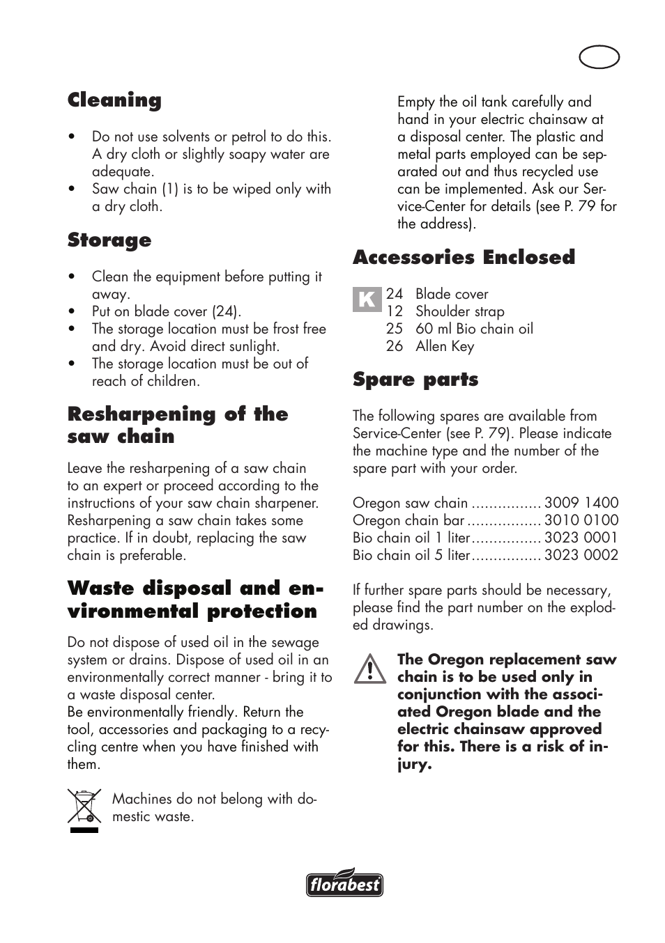 Cleaning, Storage, Resharpening of the saw chain | Waste disposal and en- vironmental protection, Accessories enclosed, Spare parts | Florabest FHE 550 B2 User Manual | Page 75 / 84