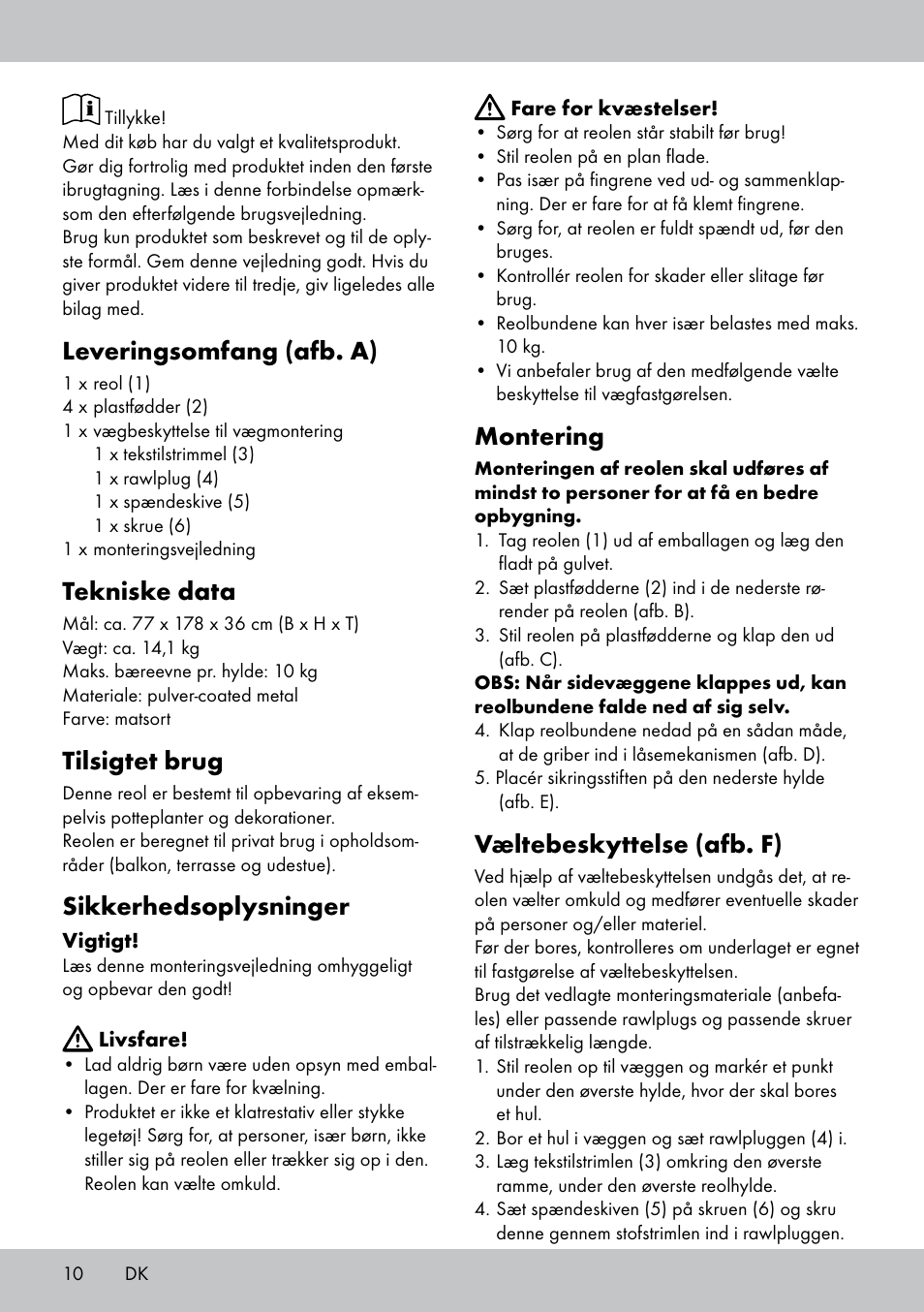 Leveringsomfang (afb. a), Tekniske data, Tilsigtet brug | Sikkerhedsoplysninger, Montering, Væltebeskyttelse (afb. f) | Florabest GR-1809 User Manual | Page 10 / 20