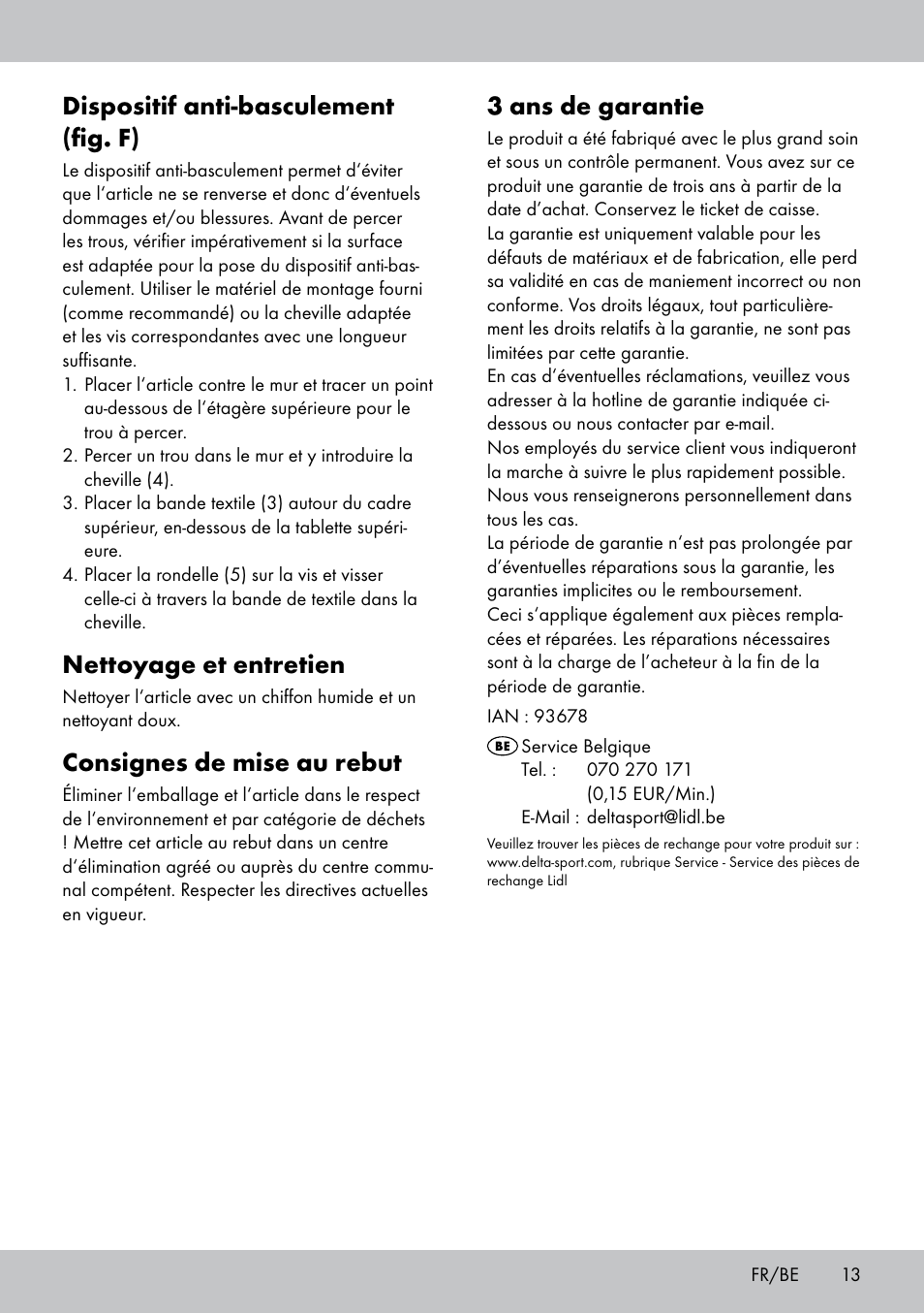 3 ans de garantie, Dispositif anti-basculement (fig. f), Nettoyage et entretien | Consignes de mise au rebut | Florabest GR-1809 User Manual | Page 13 / 20