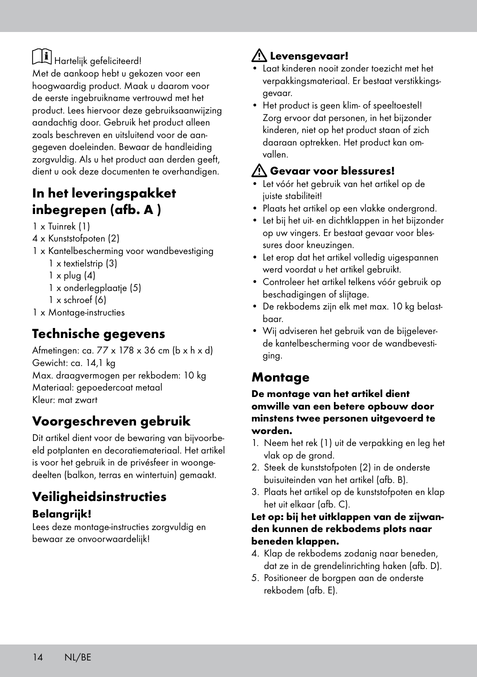 Technische gegevens, Voorgeschreven gebruik, Veiligheidsinstructies | Montage | Florabest GR-1809 User Manual | Page 14 / 20