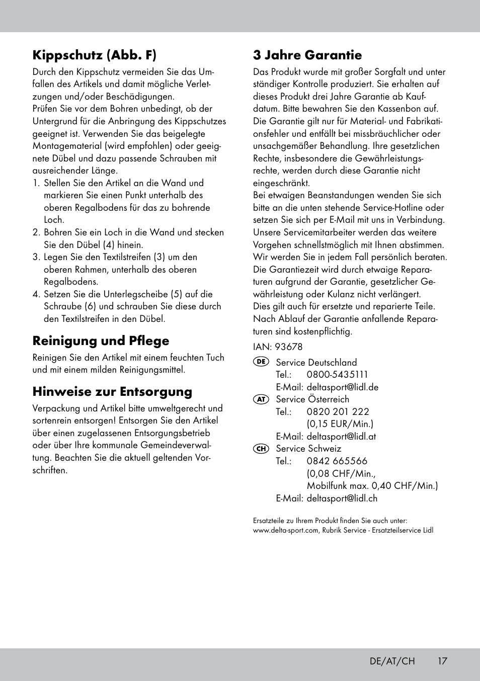 Kippschutz (abb. f), Reinigung und pflege, Hinweise zur entsorgung | 3 jahre garantie | Florabest GR-1809 User Manual | Page 17 / 20