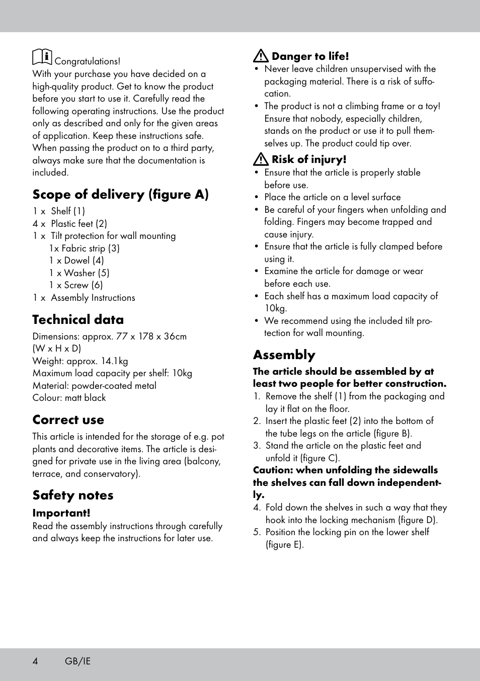 Scope of delivery (figure a), Technical data, Correct use | Assembly | Florabest GR-1809 User Manual | Page 4 / 20
