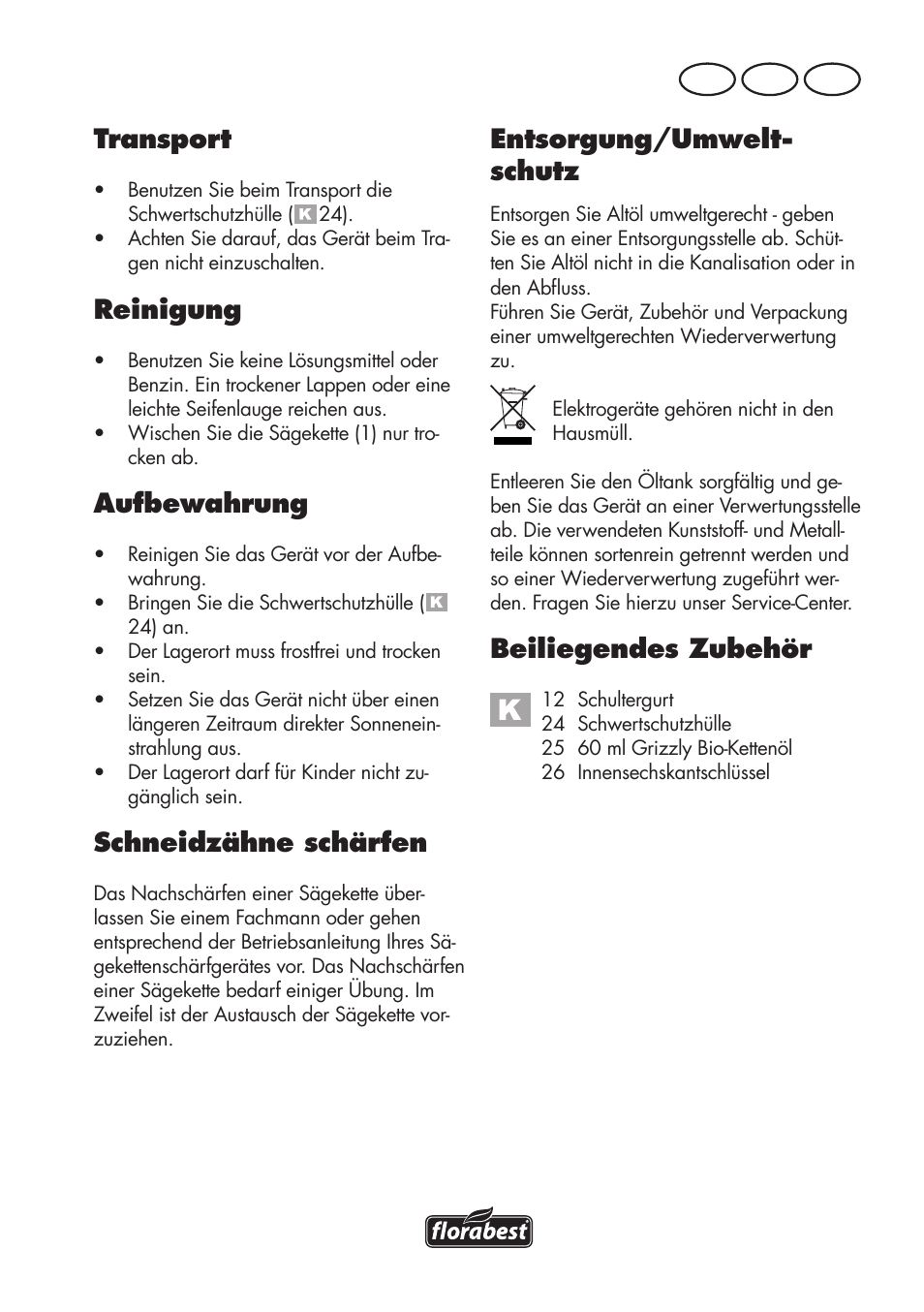 Transport, Reinigung, Aufbewahrung | Schneidzähne schärfen, Entsorgung/umwelt- schutz, Beiliegendes zubehör, De at ch | Florabest FHE 550 B2 User Manual | Page 109 / 120