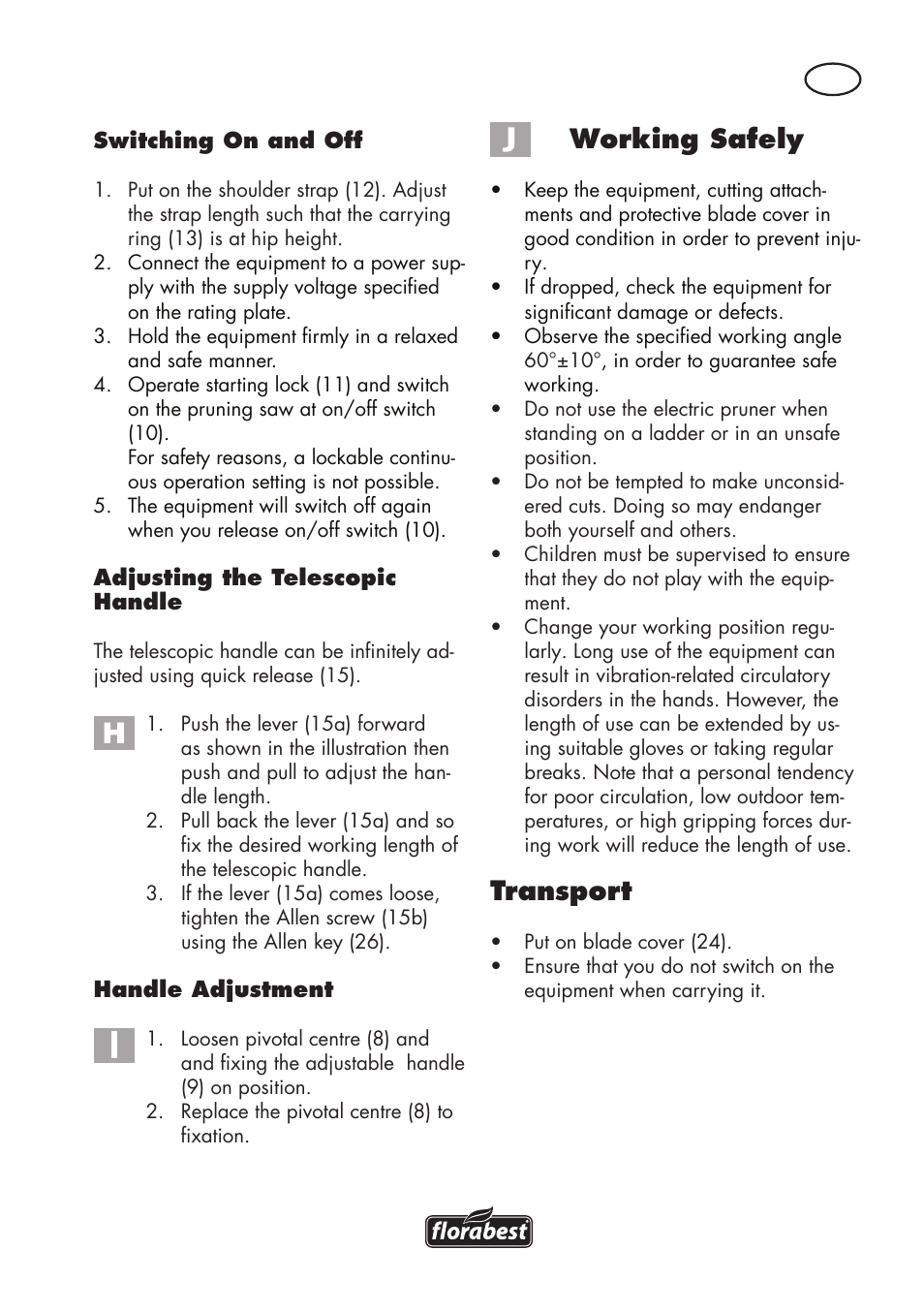 Working safely, Transport | Florabest FHE 550 B2 User Manual | Page 15 / 120