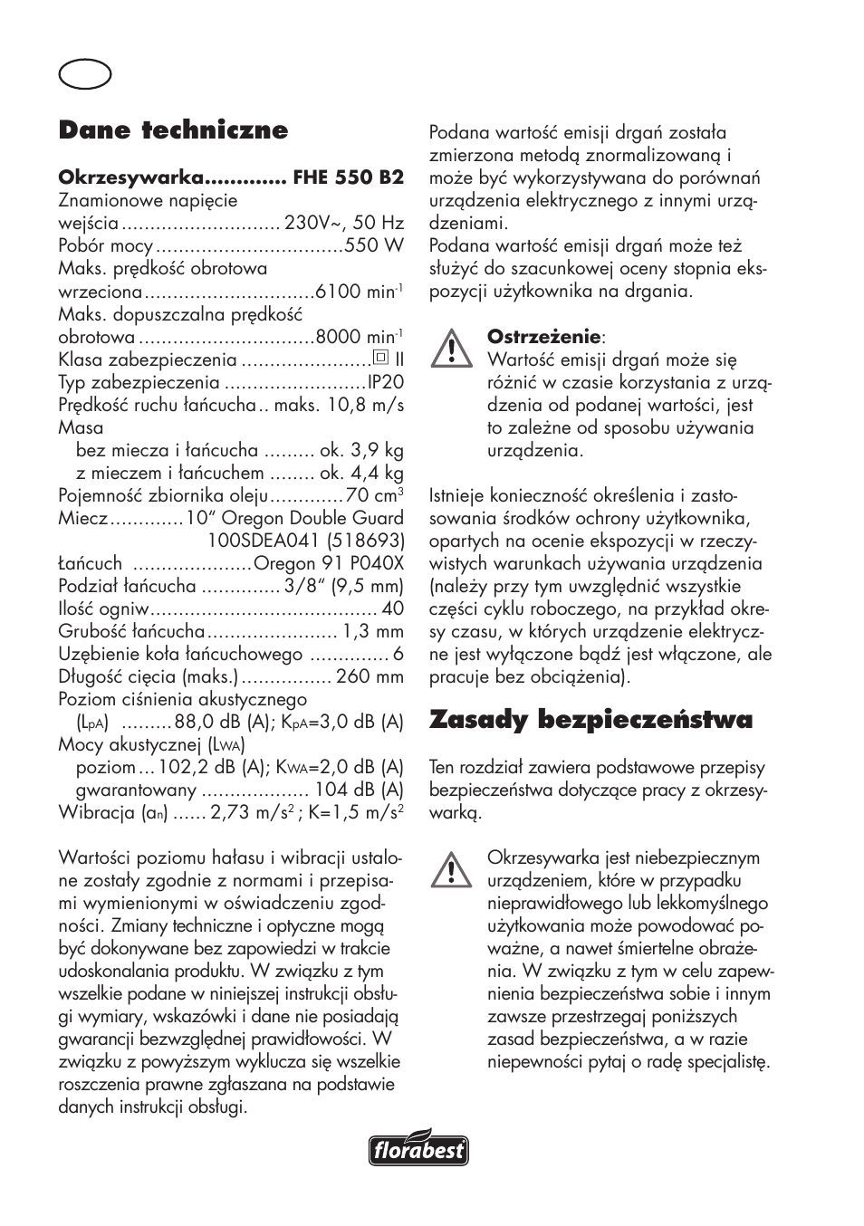 Dane techniczne, Zasady bezpieczeństwa | Florabest FHE 550 B2 User Manual | Page 24 / 120
