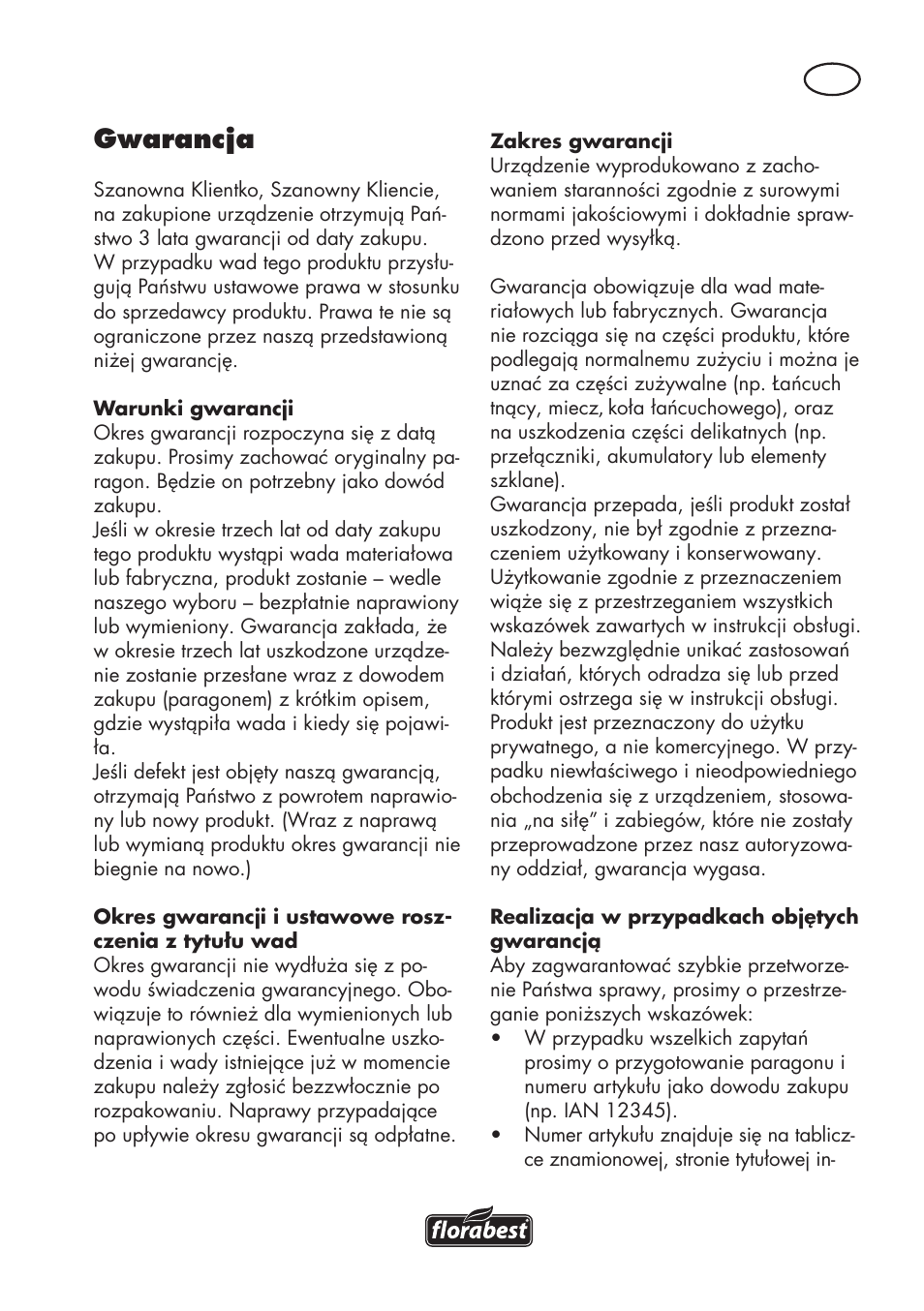 Gwarancja | Florabest FHE 550 B2 User Manual | Page 39 / 120