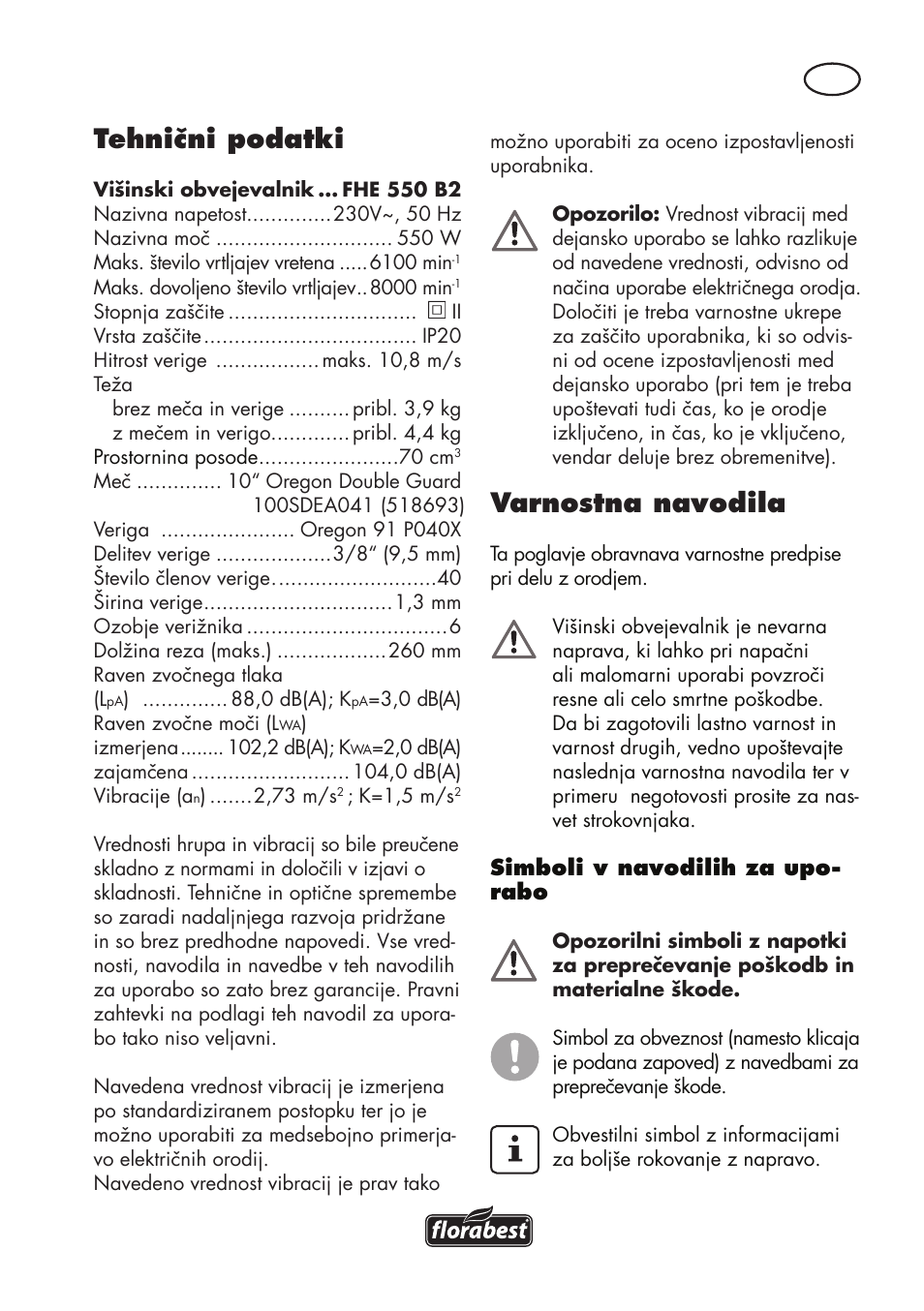 Tehnični podatki, Varnostna navodila | Florabest FHE 550 B2 User Manual | Page 43 / 120