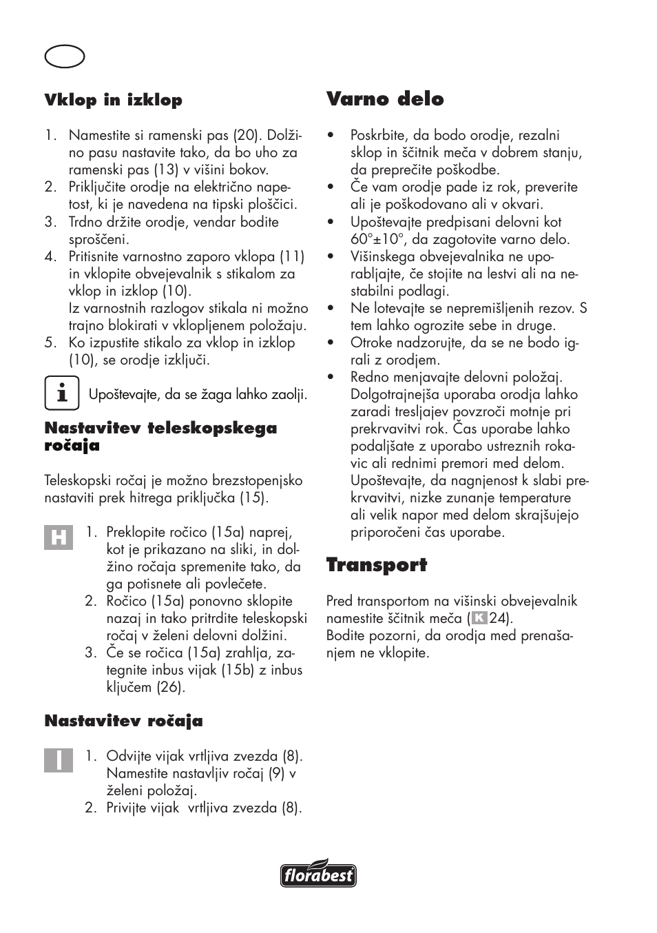 Varno delo, Transport | Florabest FHE 550 B2 User Manual | Page 52 / 120