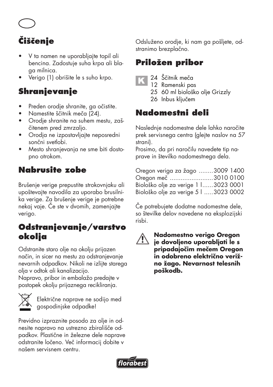 Čiščenje, Shranjevanje, Nabrusite zobe | Odstranjevanje/varstvo okolja, Priložen pribor, Nadomestni deli | Florabest FHE 550 B2 User Manual | Page 54 / 120