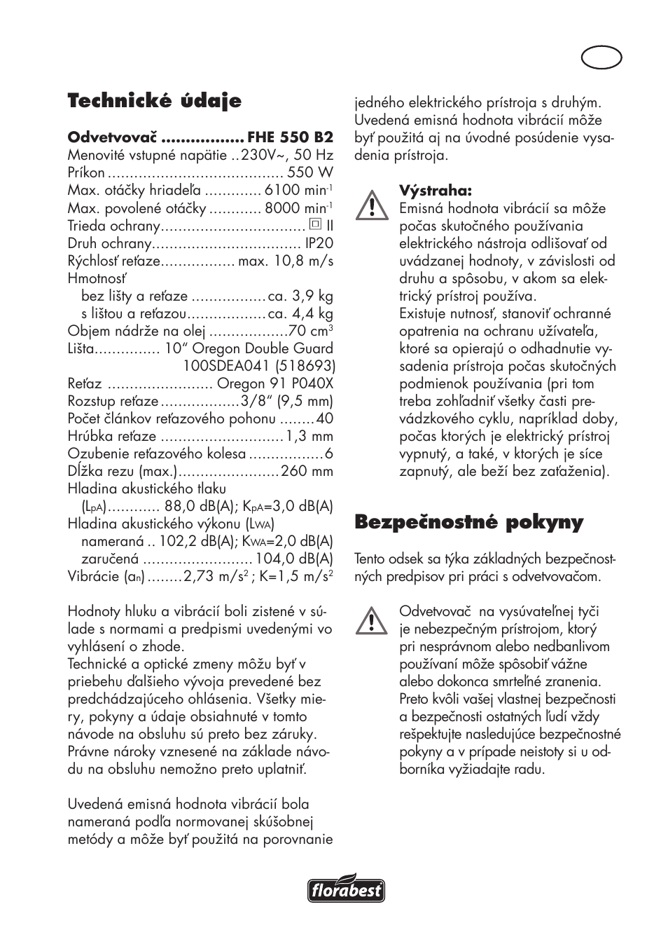 Technické údaje, Bezpečnostné pokyny | Florabest FHE 550 B2 User Manual | Page 79 / 120