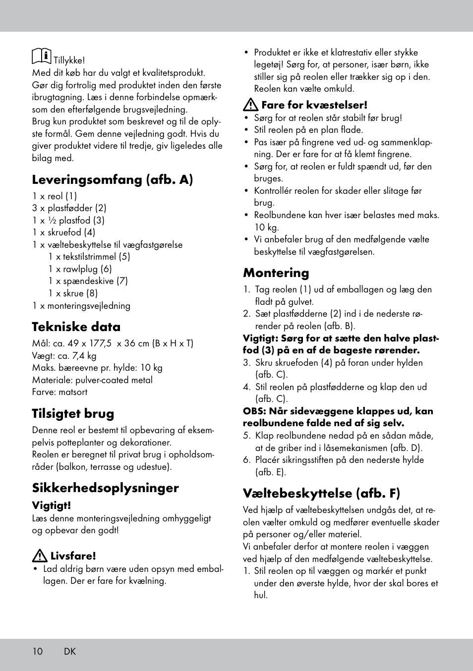 Leveringsomfang (afb. a), Tekniske data, Tilsigtet brug | Sikkerhedsoplysninger, Montering, Væltebeskyttelse (afb. f) | Florabest GR-1810 User Manual | Page 10 / 20