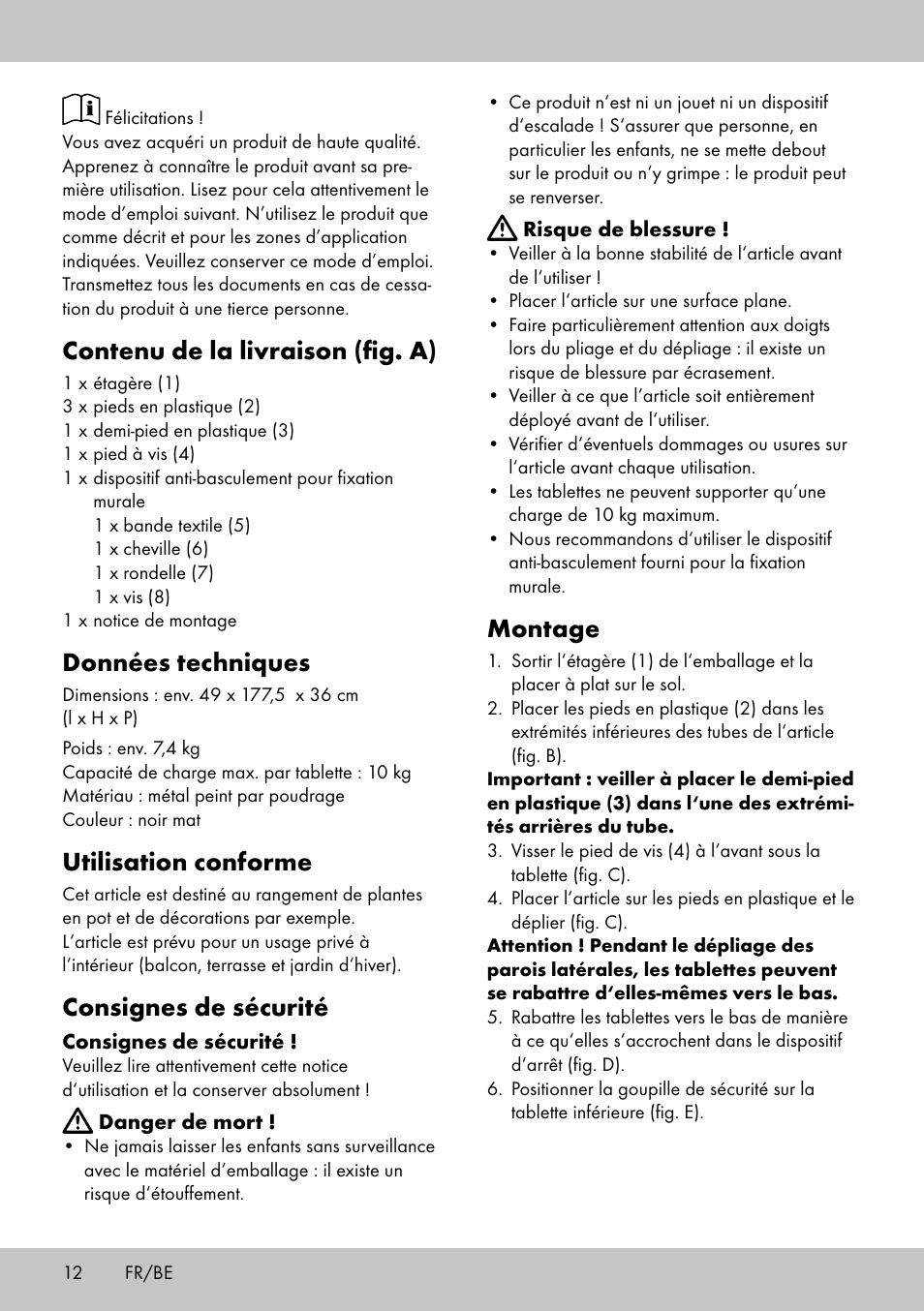 Contenu de la livraison (fig. a), Données techniques, Utilisation conforme | Consignes de sécurité, Montage | Florabest GR-1810 User Manual | Page 12 / 20