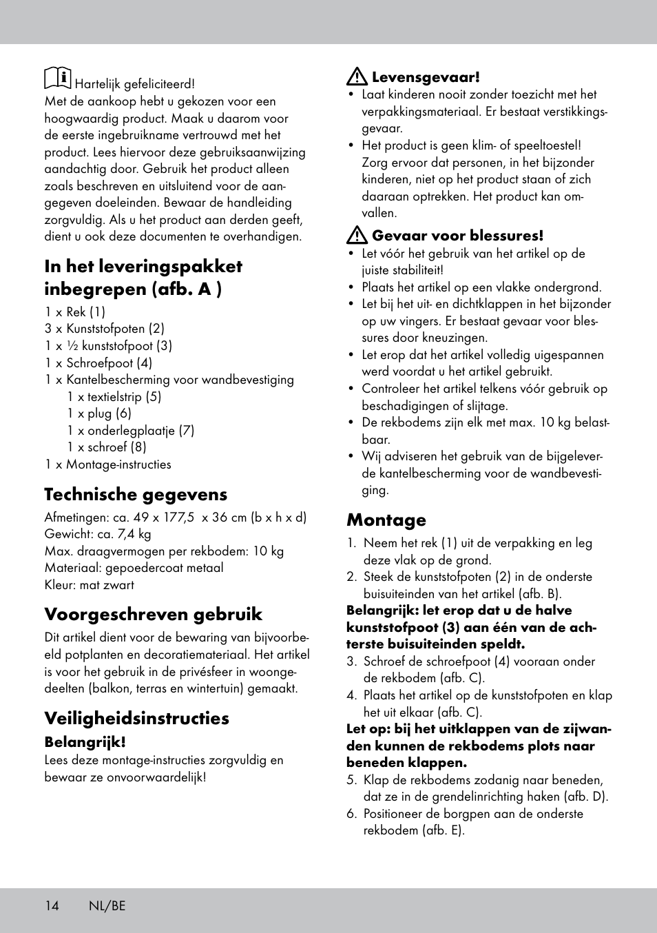 Technische gegevens, Voorgeschreven gebruik, Veiligheidsinstructies | Montage | Florabest GR-1810 User Manual | Page 14 / 20