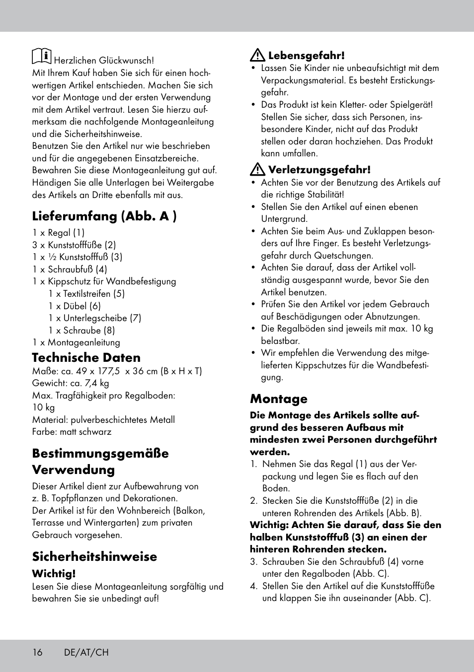 Lieferumfang (abb. a ), Technische daten, Bestimmungsgemäße verwendung | Sicherheitshinweise, Montage | Florabest GR-1810 User Manual | Page 16 / 20