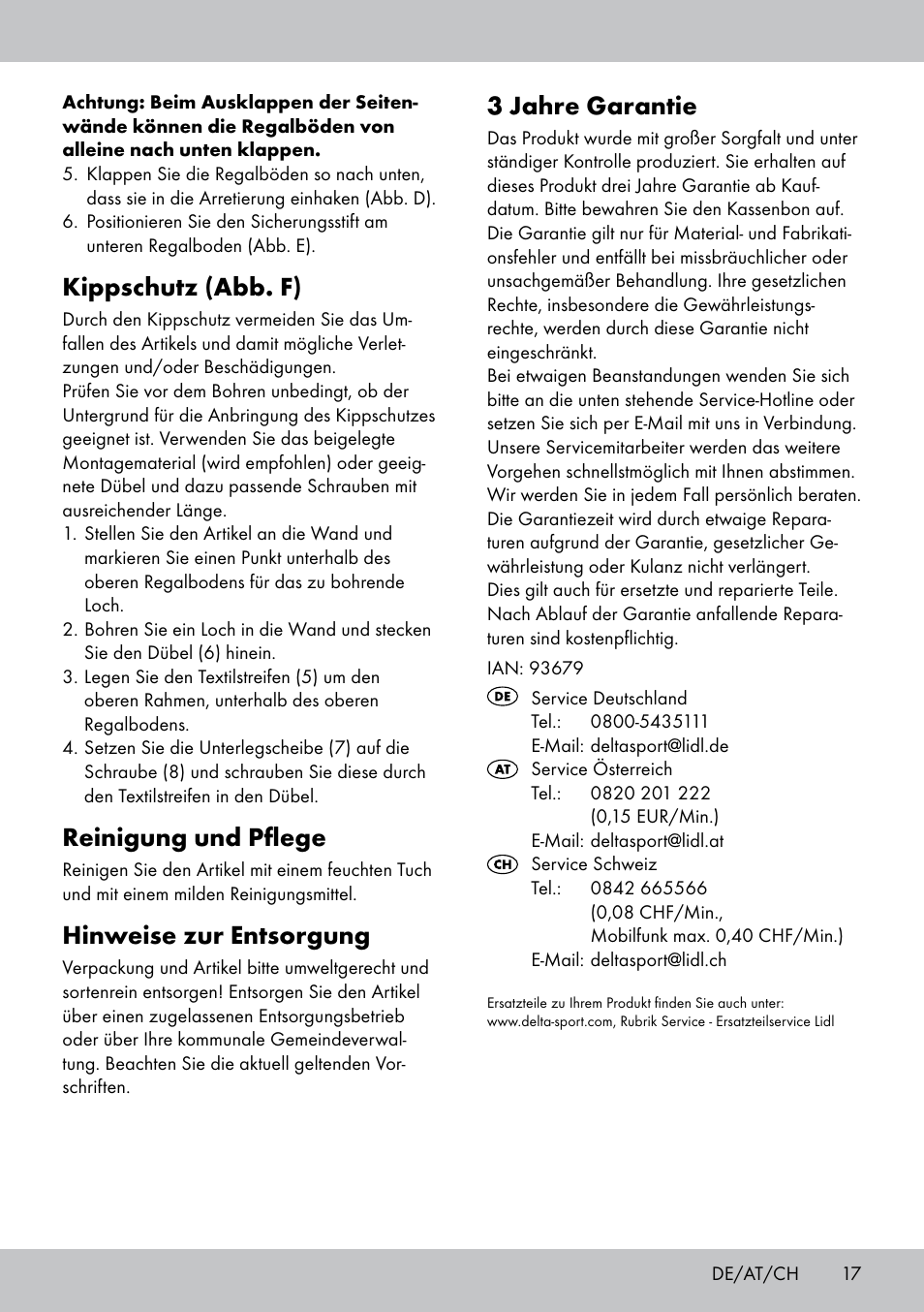 Kippschutz (abb. f), Reinigung und pflege, Hinweise zur entsorgung | 3 jahre garantie | Florabest GR-1810 User Manual | Page 17 / 20