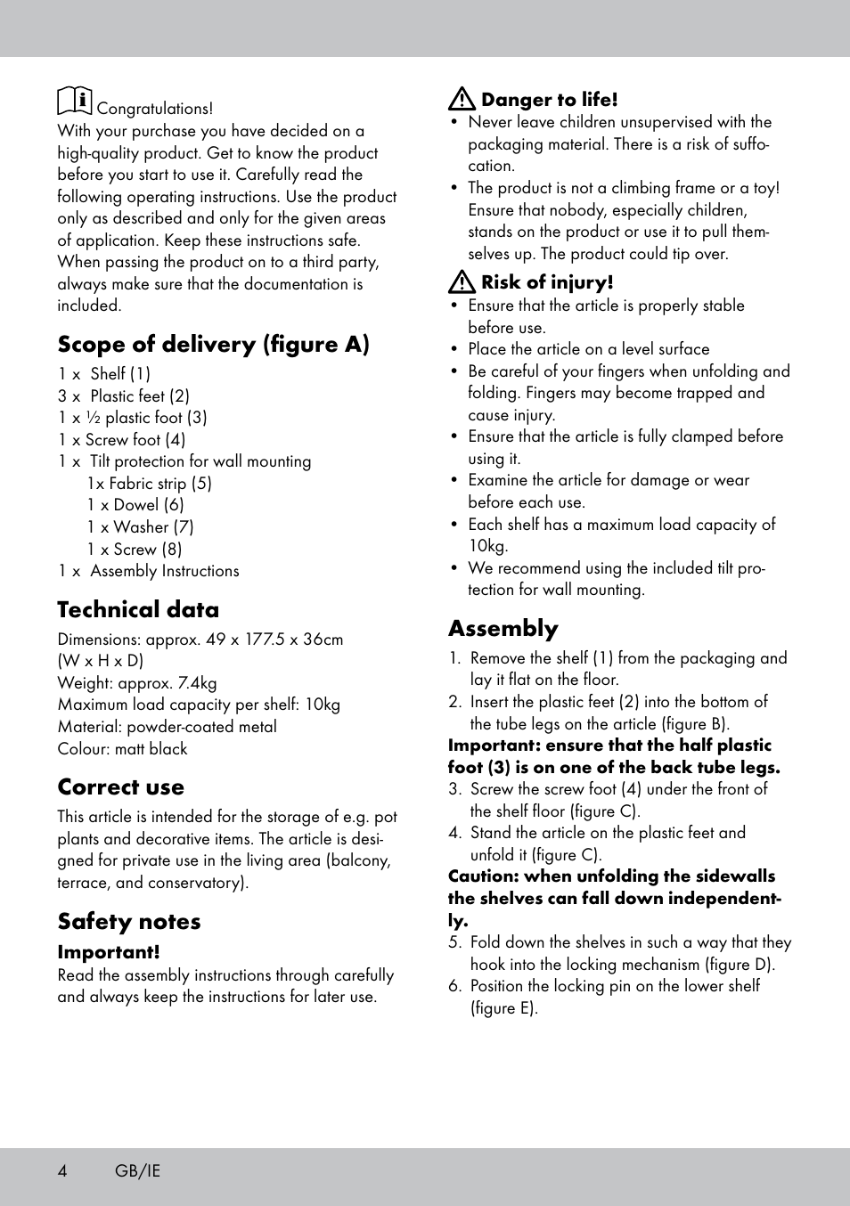 Scope of delivery (figure a), Technical data, Correct use | Assembly | Florabest GR-1810 User Manual | Page 4 / 20