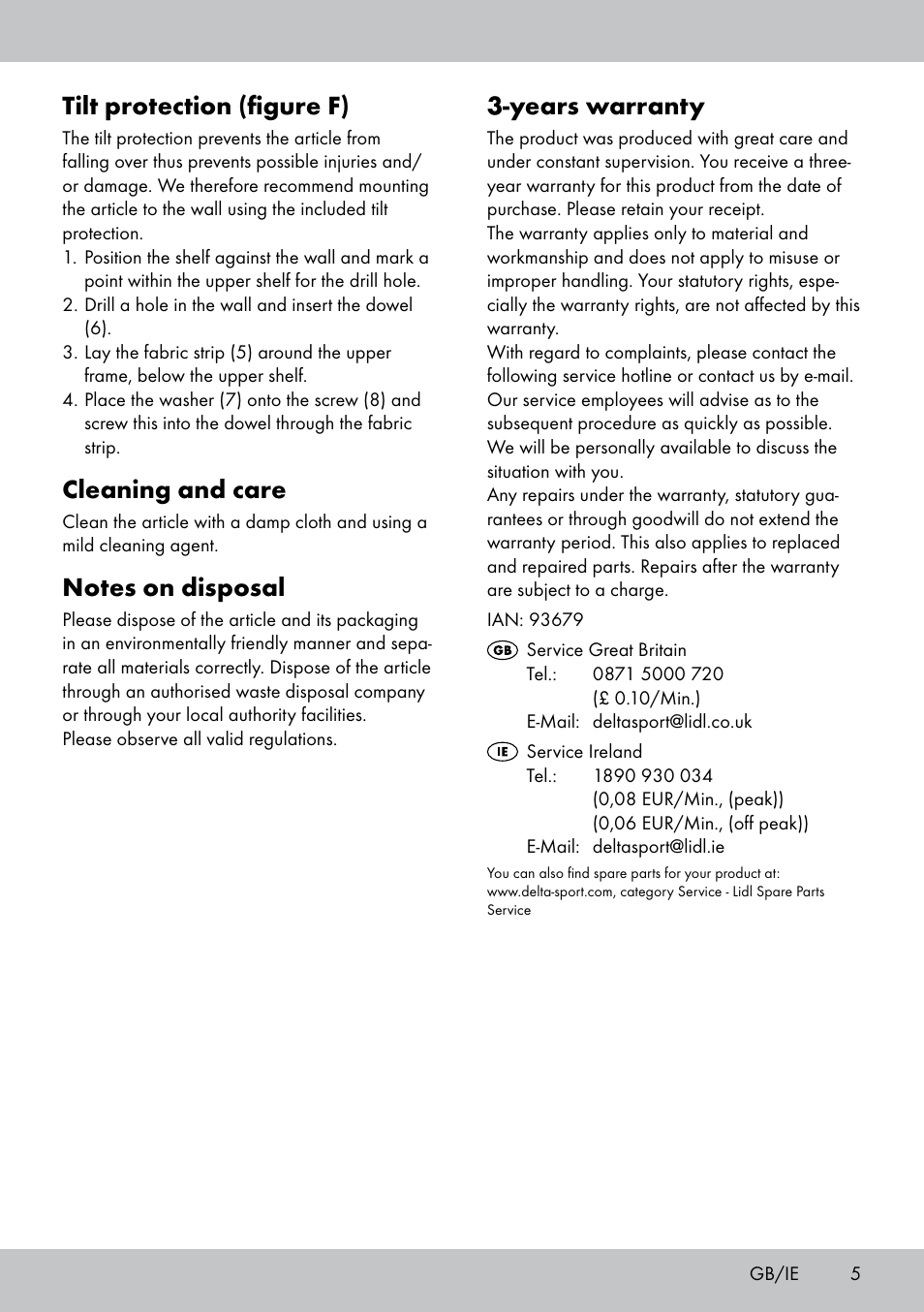 Years warranty, Tilt protection (figure f), Cleaning and care | Florabest GR-1810 User Manual | Page 5 / 20