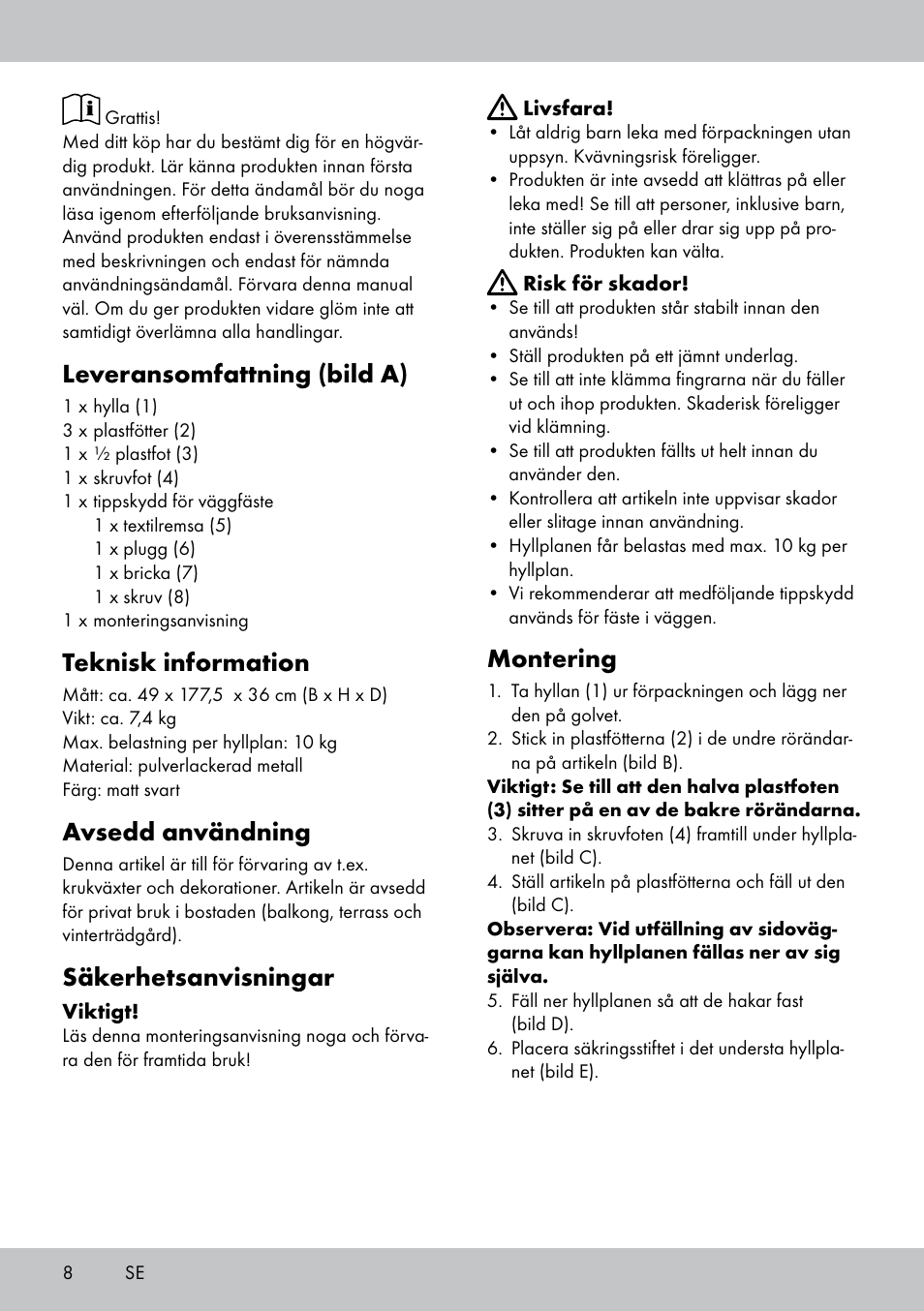 Leveransomfattning (bild a), Teknisk information, Avsedd användning | Säkerhetsanvisningar, Montering | Florabest GR-1810 User Manual | Page 8 / 20