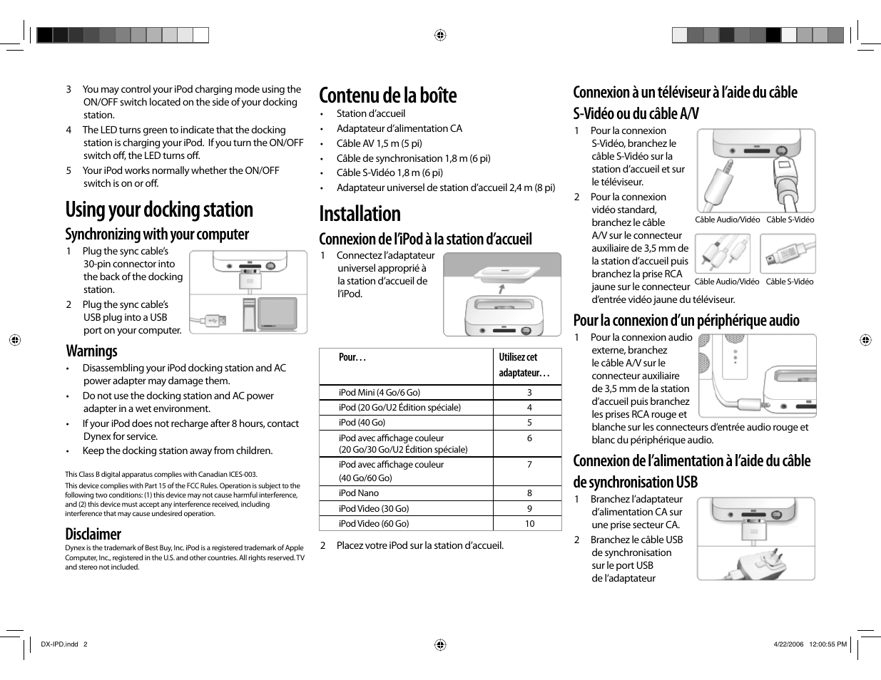 Using your docking station, Contenu de la boîte, Installation | Synchronizing with your computer, Warnings, Disclaimer, Connexion de l’ipod à la station d’accueil, Pour la connexion d’un périphérique audio | Dynex DX-IPD User Manual | Page 2 / 4