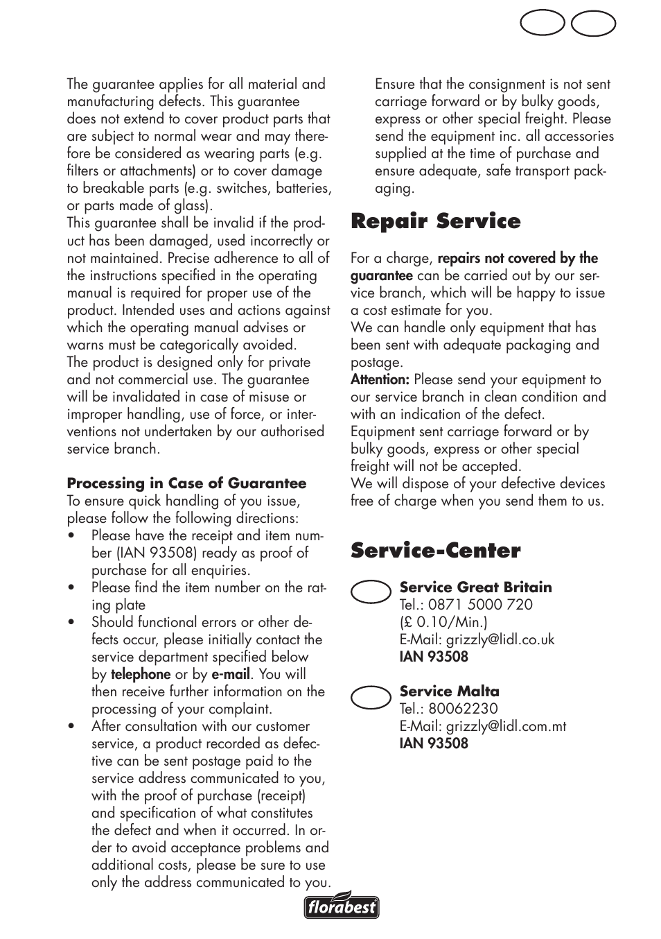 Repair service, Service-center, Mt gb | Gb mt | Florabest FGPS 1100 B2 User Manual | Page 21 / 40