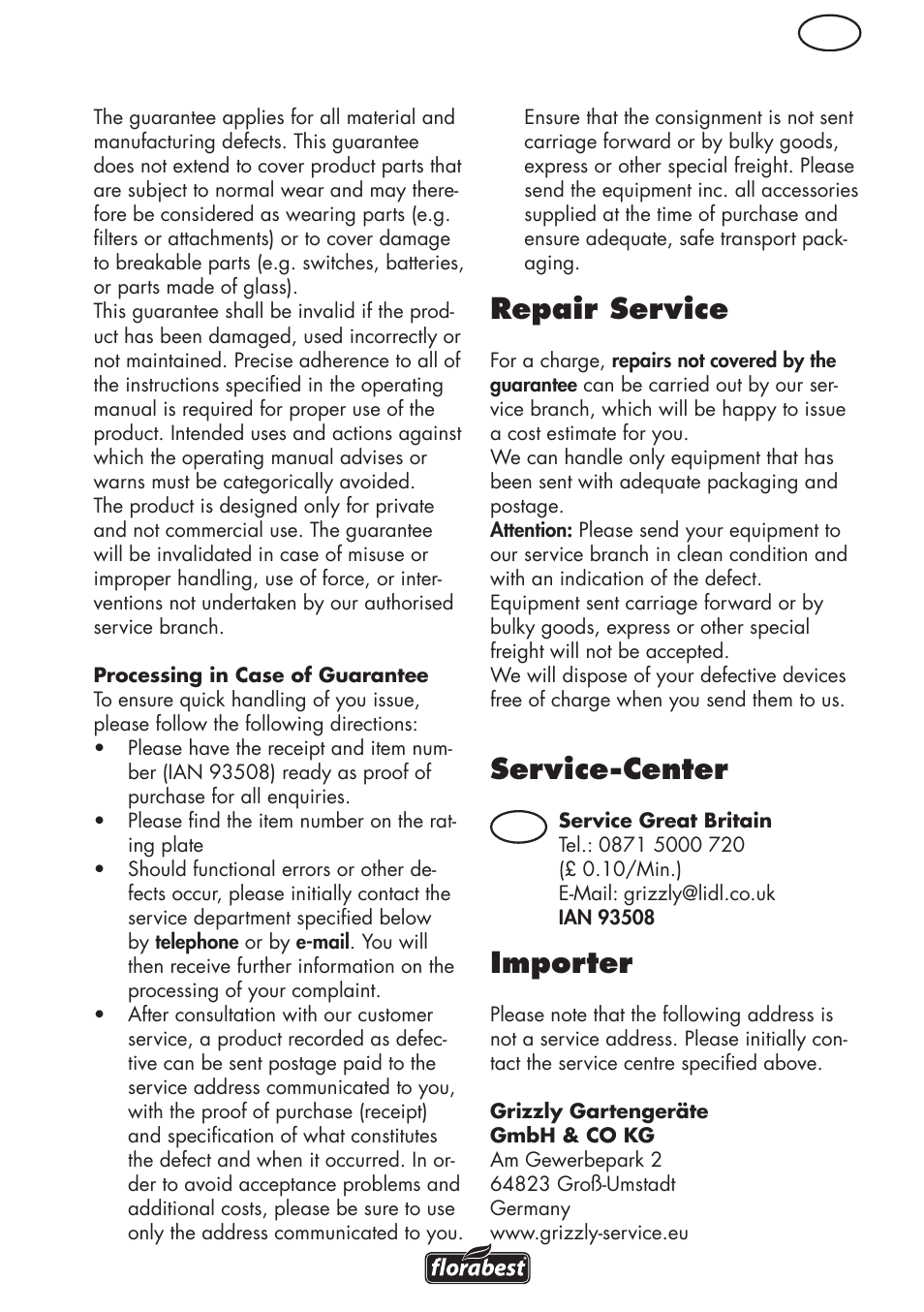 Repair service, Service-center, Importer | Florabest FGPS 1100 B2 User Manual | Page 11 / 56