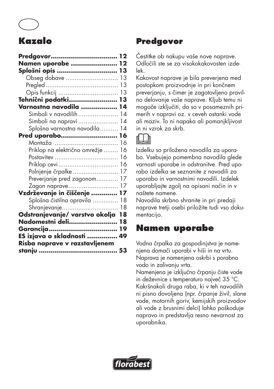 Namen uporabe, Kazalo, Predgovor | Florabest FGPS 1100 B2 User Manual | Page 12 / 56