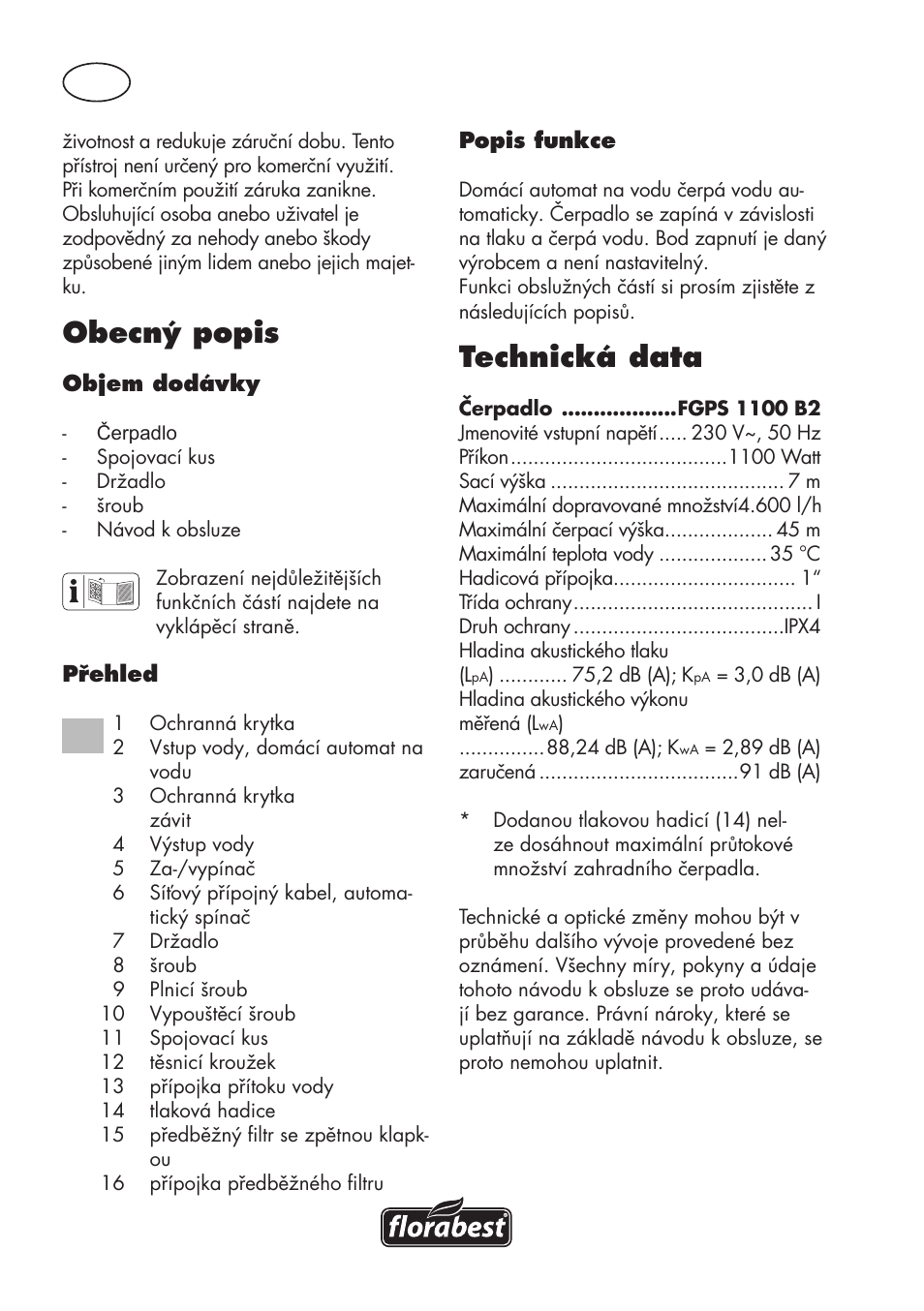 Technická data, Obecný popis | Florabest FGPS 1100 B2 User Manual | Page 22 / 56