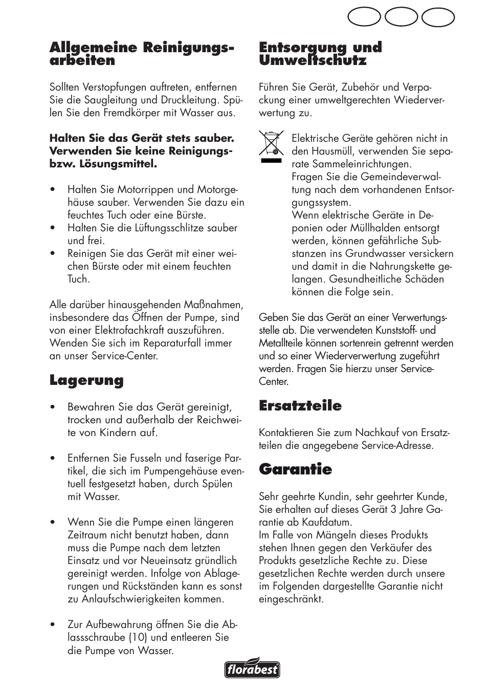 Garantie, Ch at de allgemeine reinigungs- arbeiten, Lagerung | Entsorgung und umweltschutz, Ersatzteile | Florabest FGPS 1100 B2 User Manual | Page 45 / 56