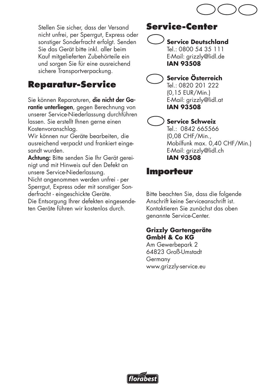 Service-center, Importeur, Reparatur-service | Ch at de, De at ch | Florabest FGPS 1100 B2 User Manual | Page 47 / 56