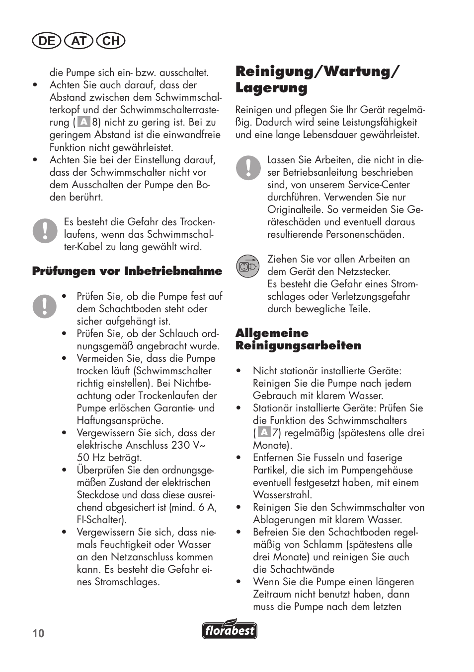 Reinigung/wartung/ lagerung, De at ch | Florabest FTS 1100 B2 User Manual | Page 10 / 50