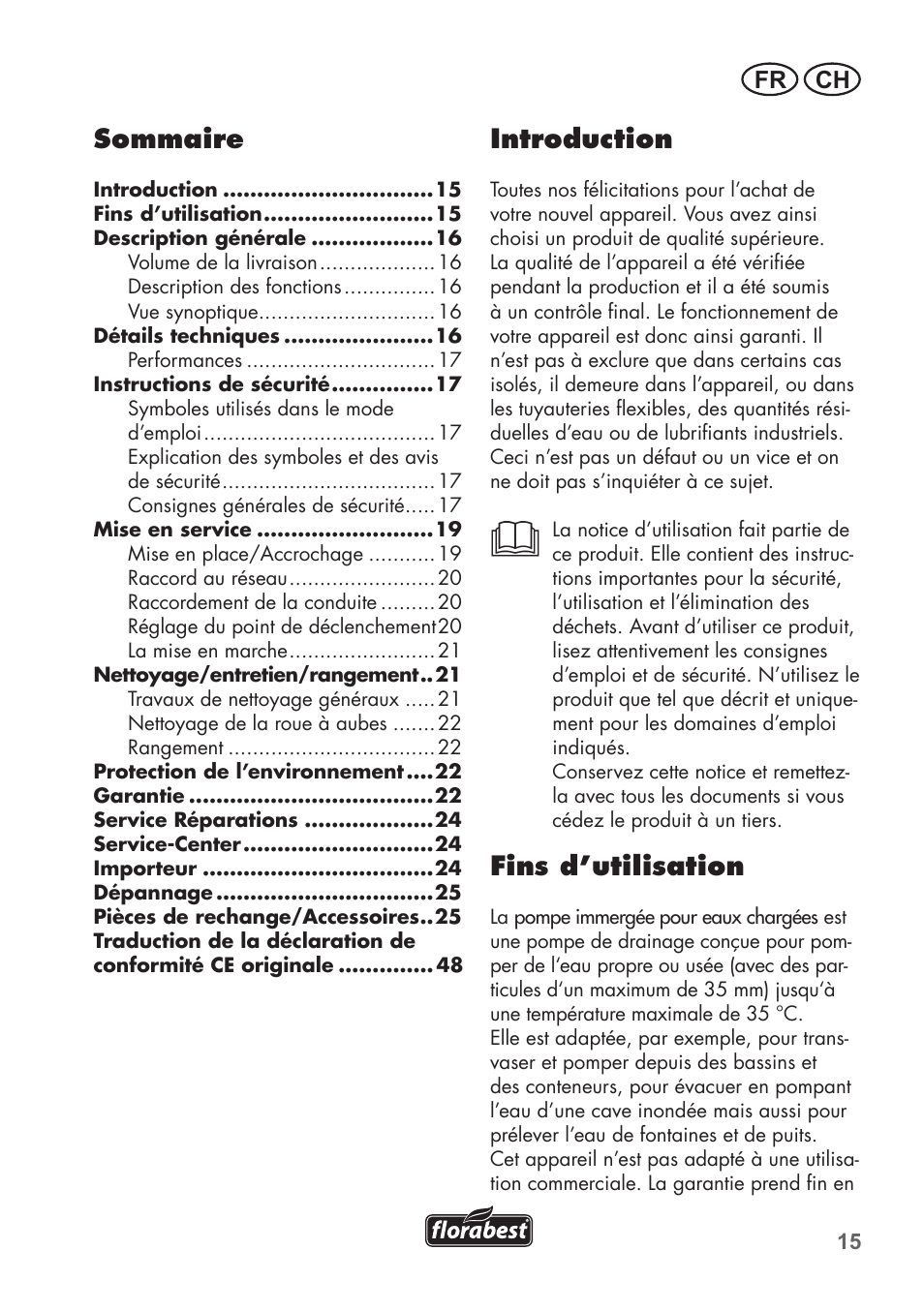 Introduction, Fins d’utilisation, Sommaire | Fr ch | Florabest FTS 1100 B2 User Manual | Page 15 / 50