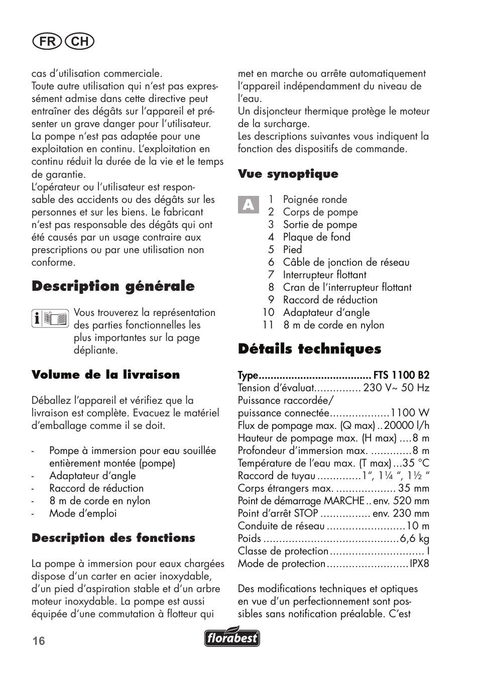 Description générale, Détails techniques, Fr ch | Florabest FTS 1100 B2 User Manual | Page 16 / 50