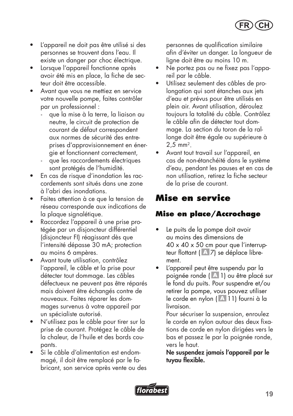 Mise en service, Fr ch | Florabest FTS 1100 B2 User Manual | Page 19 / 50