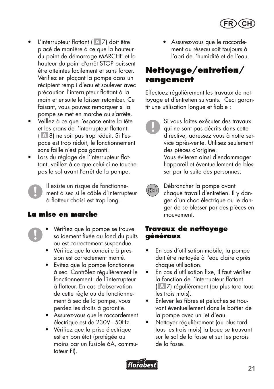 Nettoyage/entretien/ rangement, Fr ch | Florabest FTS 1100 B2 User Manual | Page 21 / 50