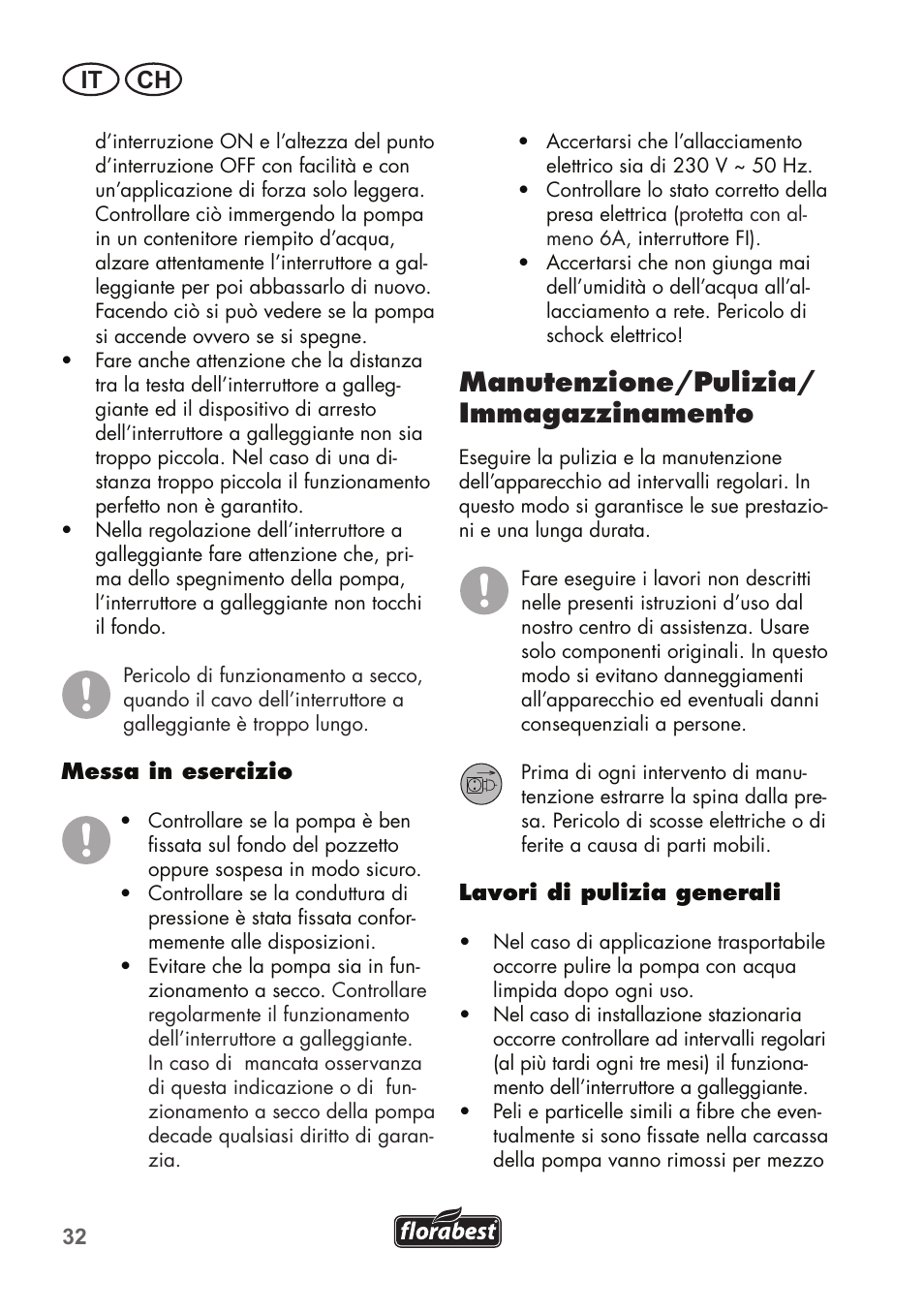 Manutenzione/pulizia/ immagazzinamento, It ch | Florabest FTS 1100 B2 User Manual | Page 32 / 50